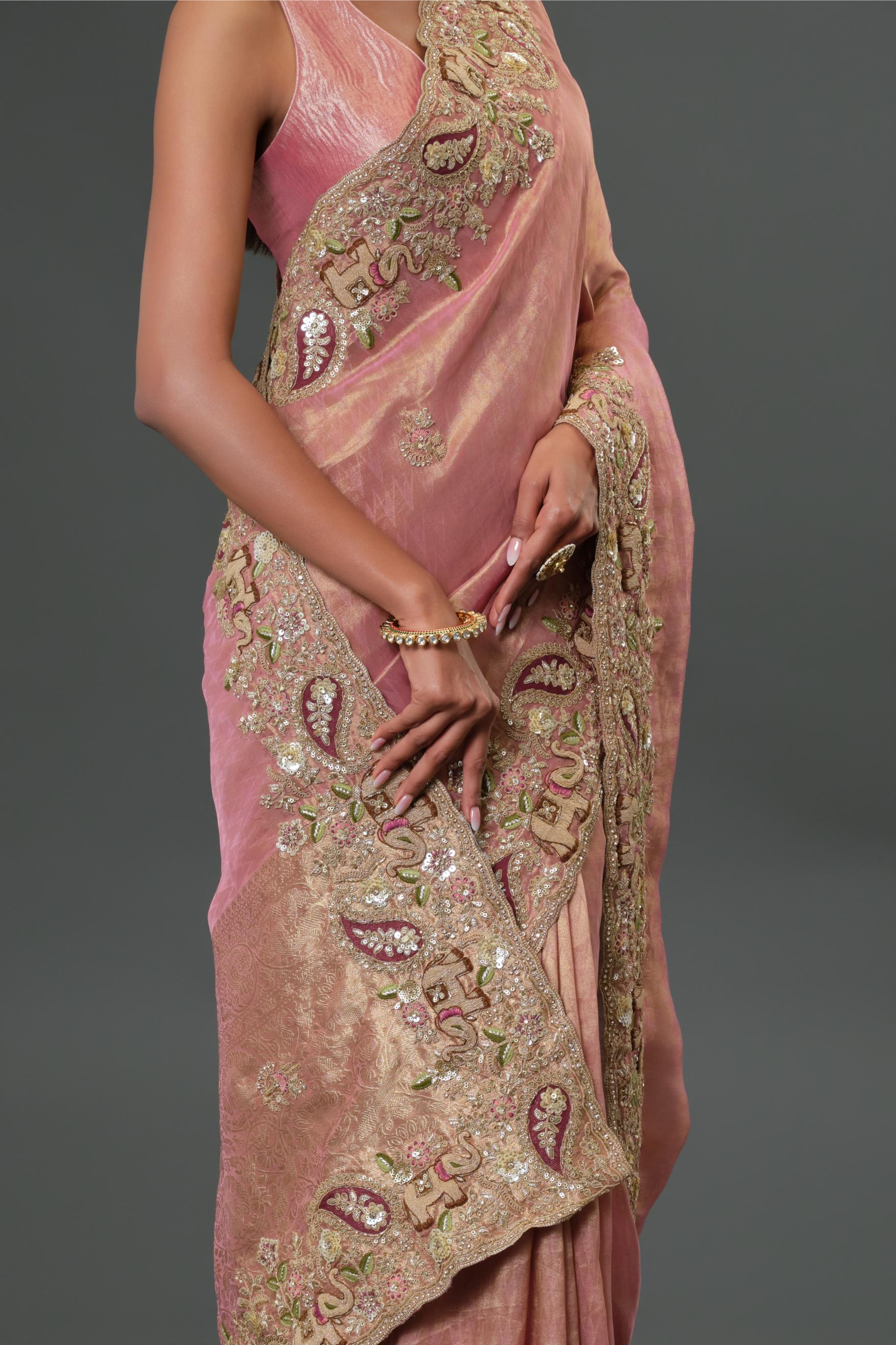 Dusty Rose Pink Embroidered Banarasi Tissue Silk Saree