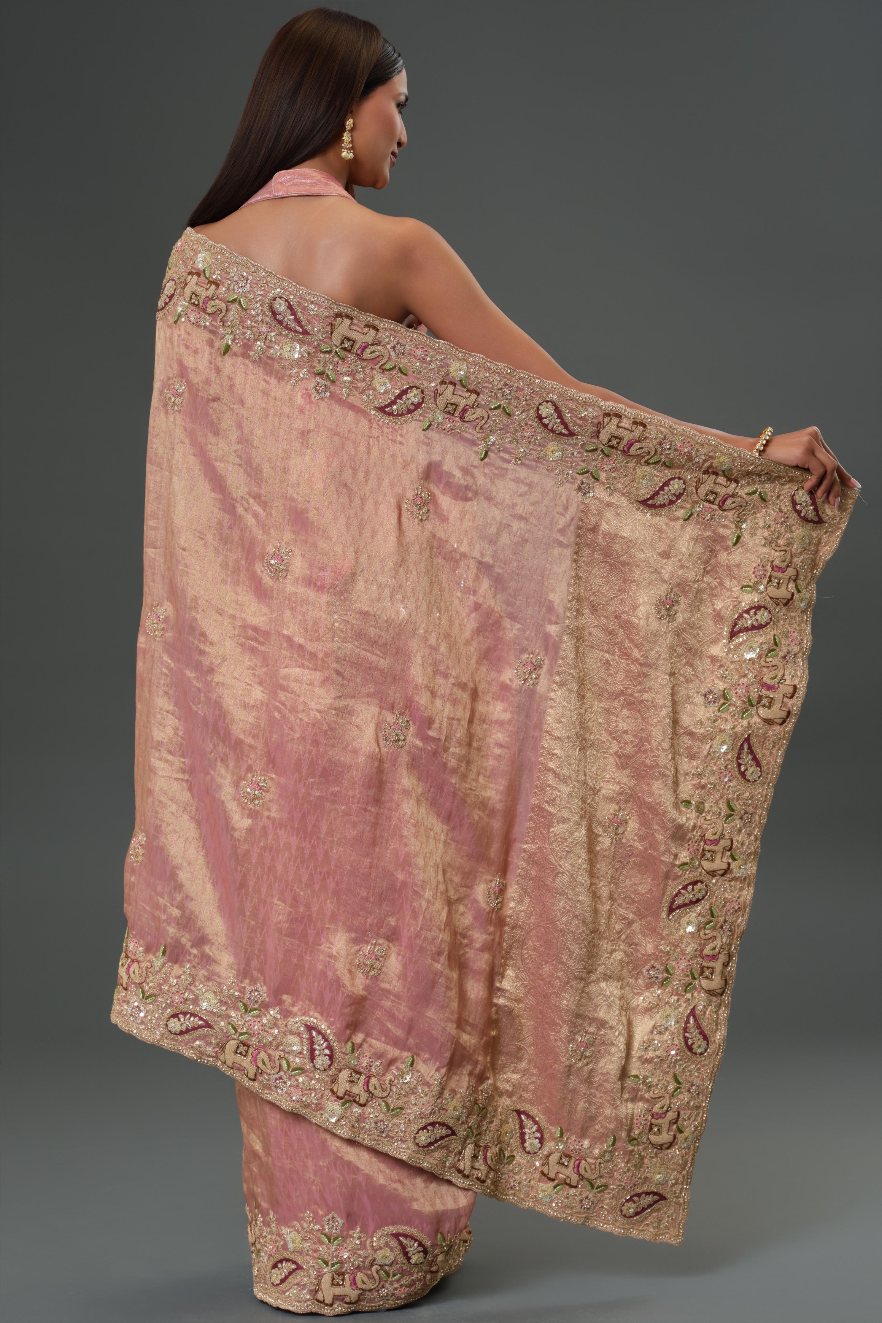 Dusty Rose Pink Embroidered Banarasi Tissue Silk Saree