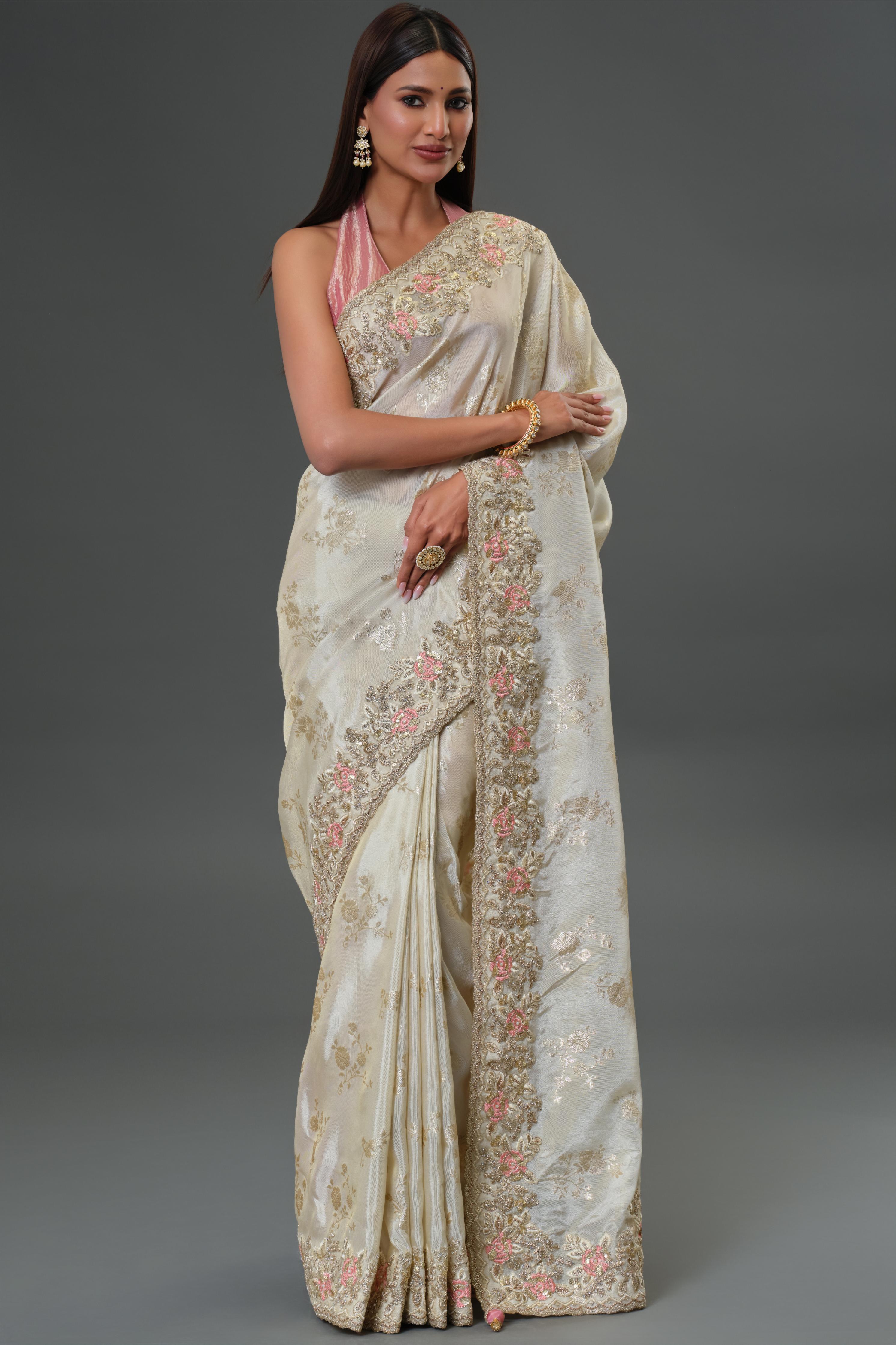 Champagne Embroidered Cosmo Tissue Silk Saree