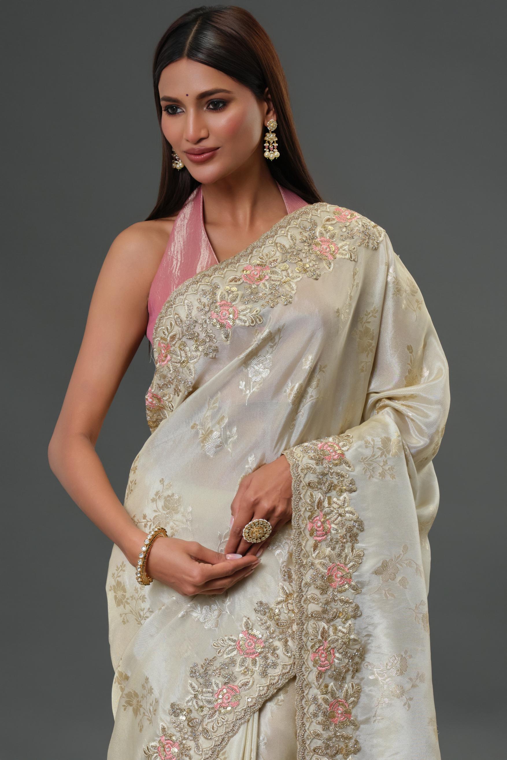 Champagne Embroidered Cosmo Tissue Silk Saree