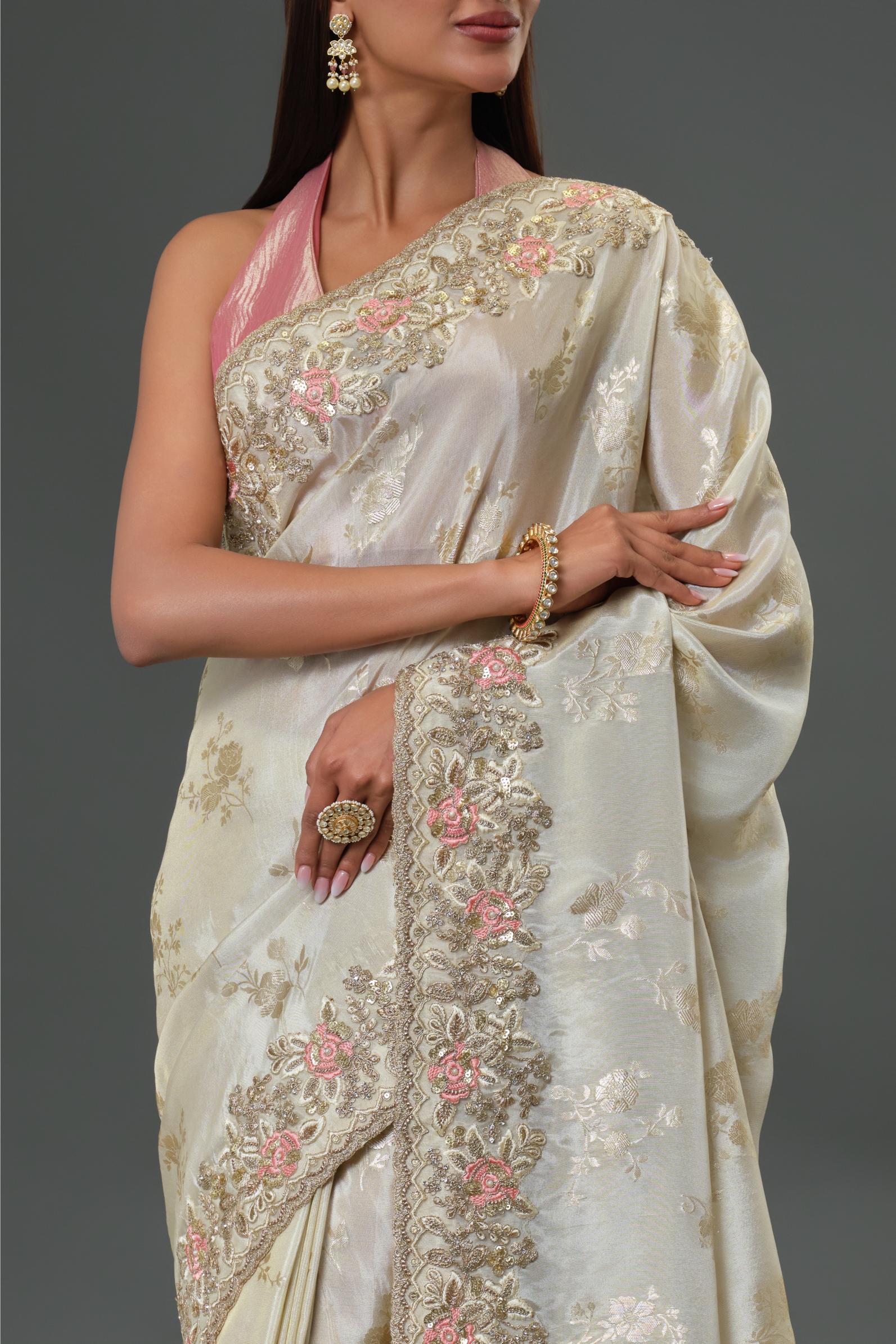 Champagne Embroidered Cosmo Tissue Silk Saree
