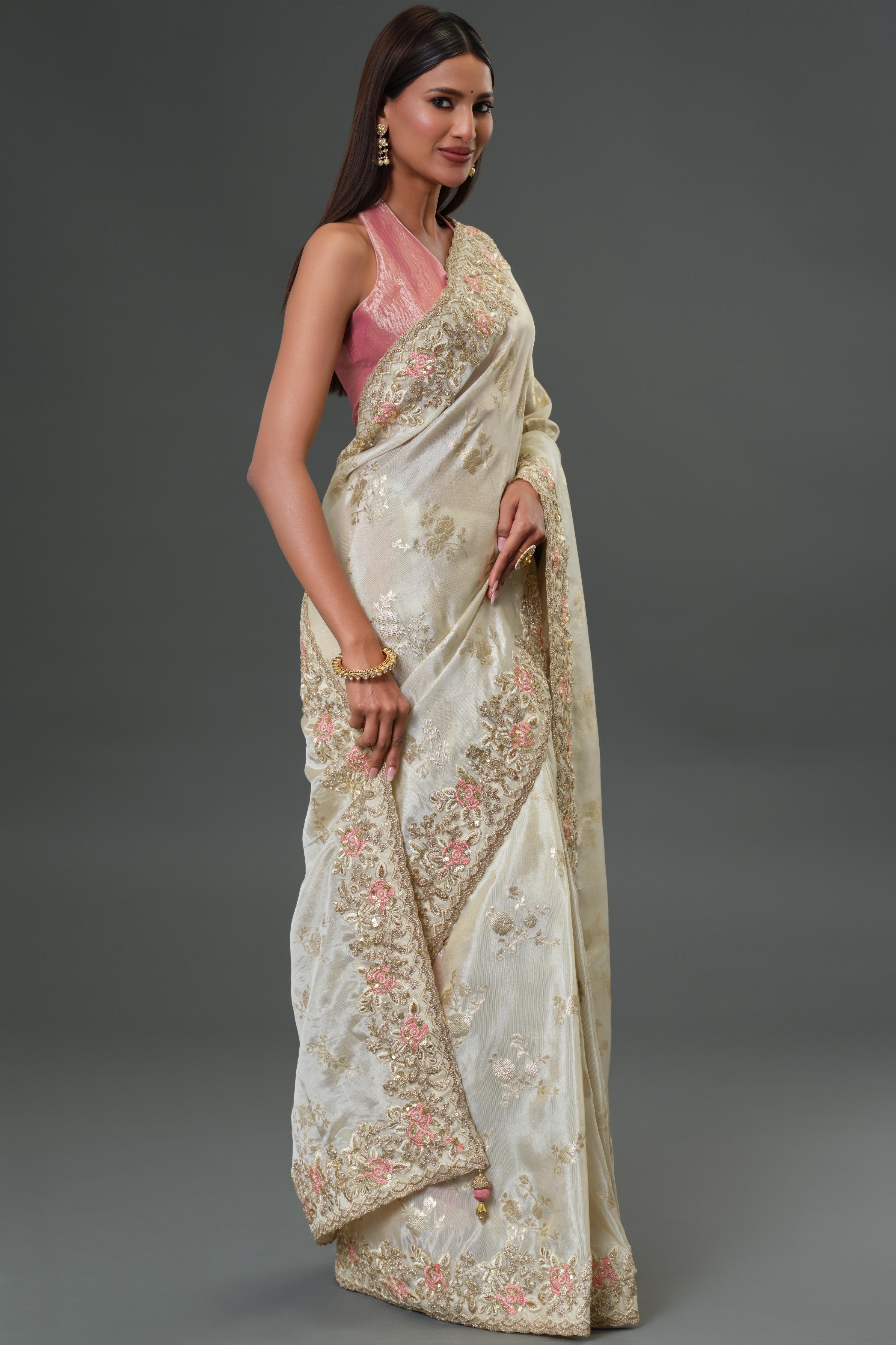 Champagne Embroidered Cosmo Tissue Silk Saree
