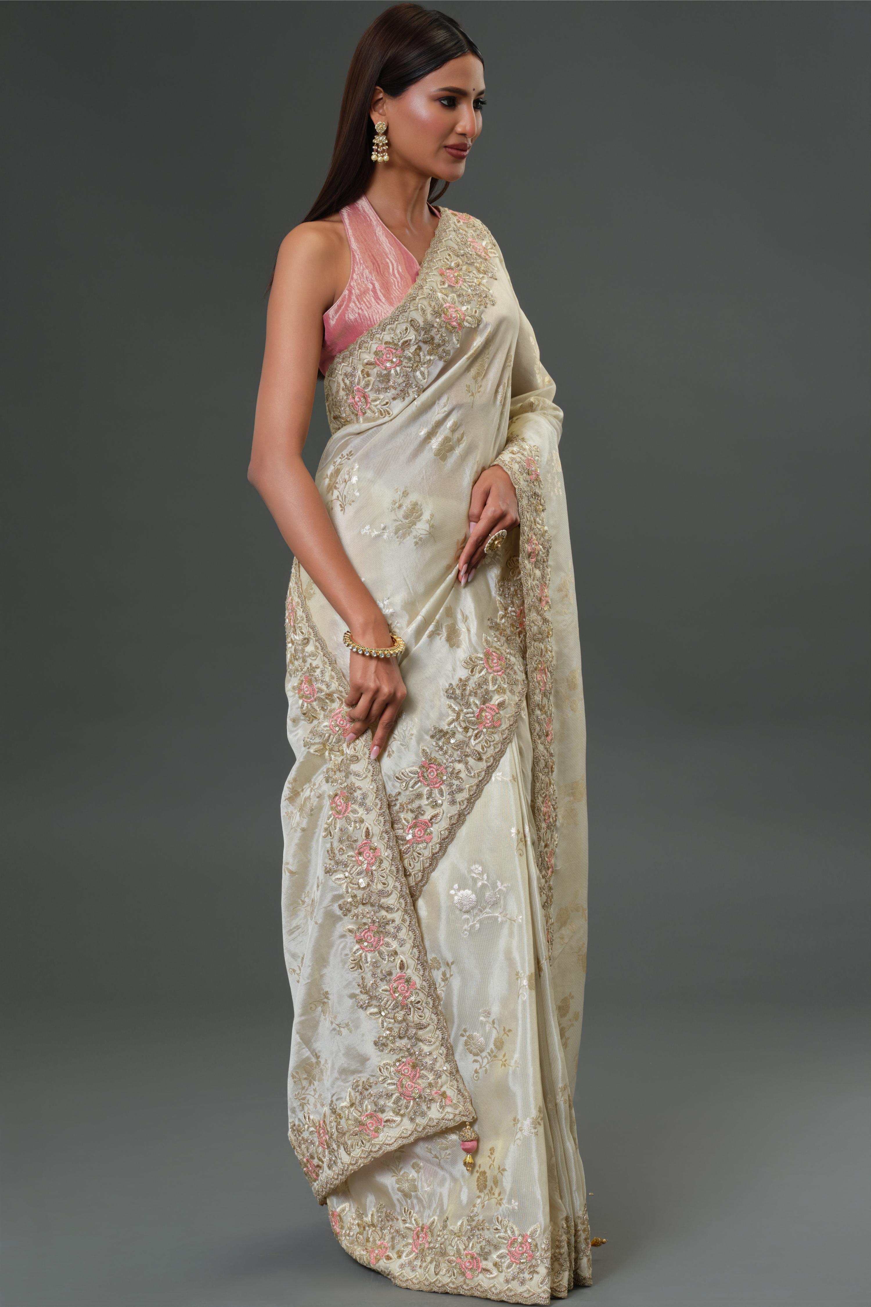 Champagne Embroidered Cosmo Tissue Silk Saree