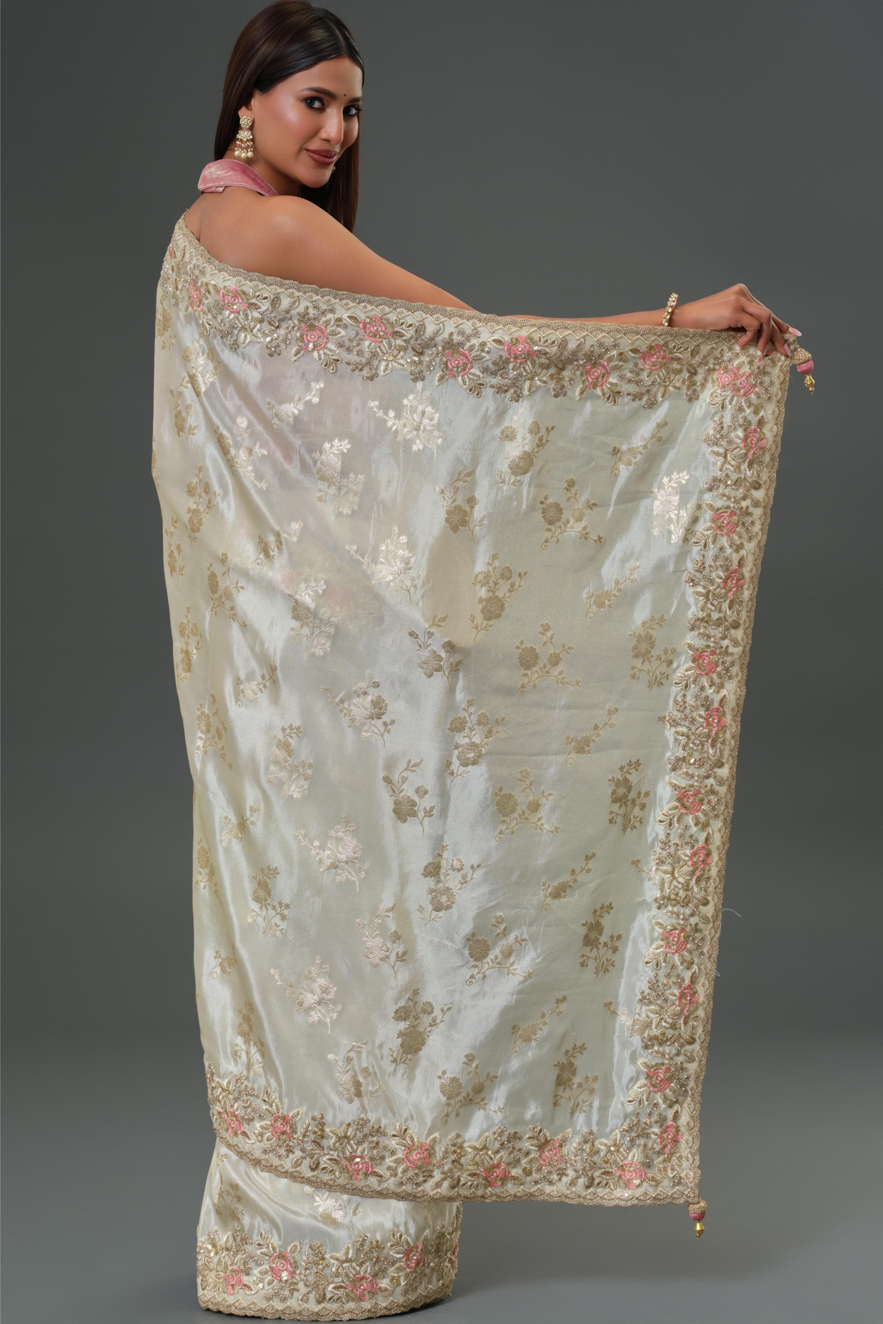 Champagne Embroidered Cosmo Tissue Silk Saree