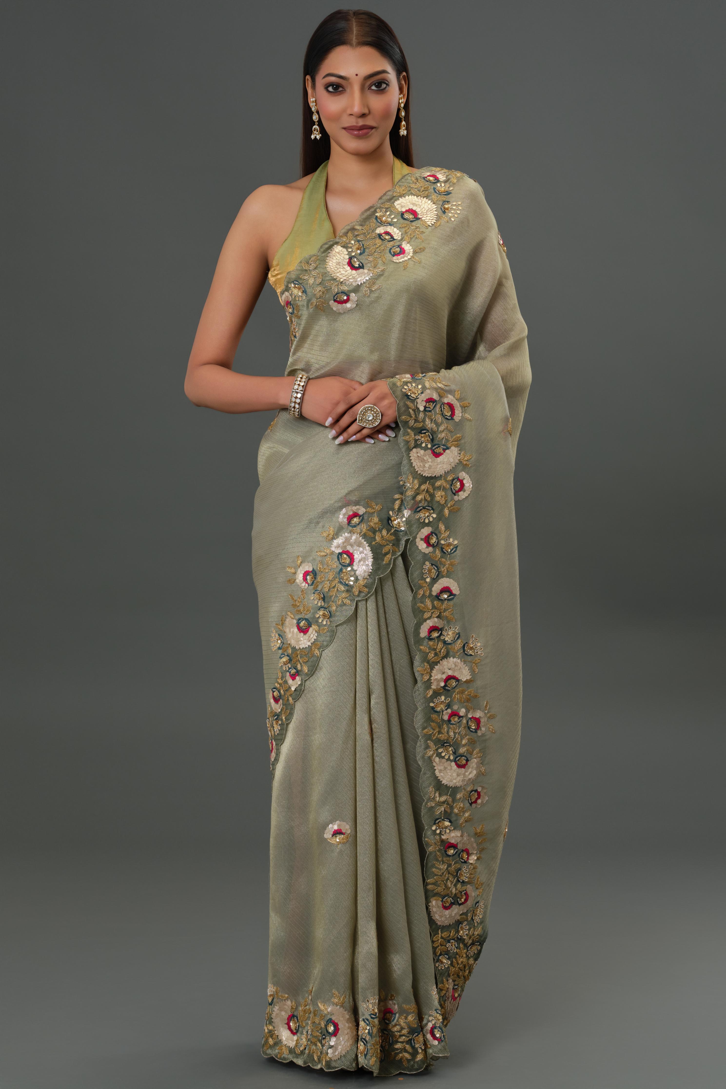 Grey Embroidered Tissue Kanjivaram Silk Saree