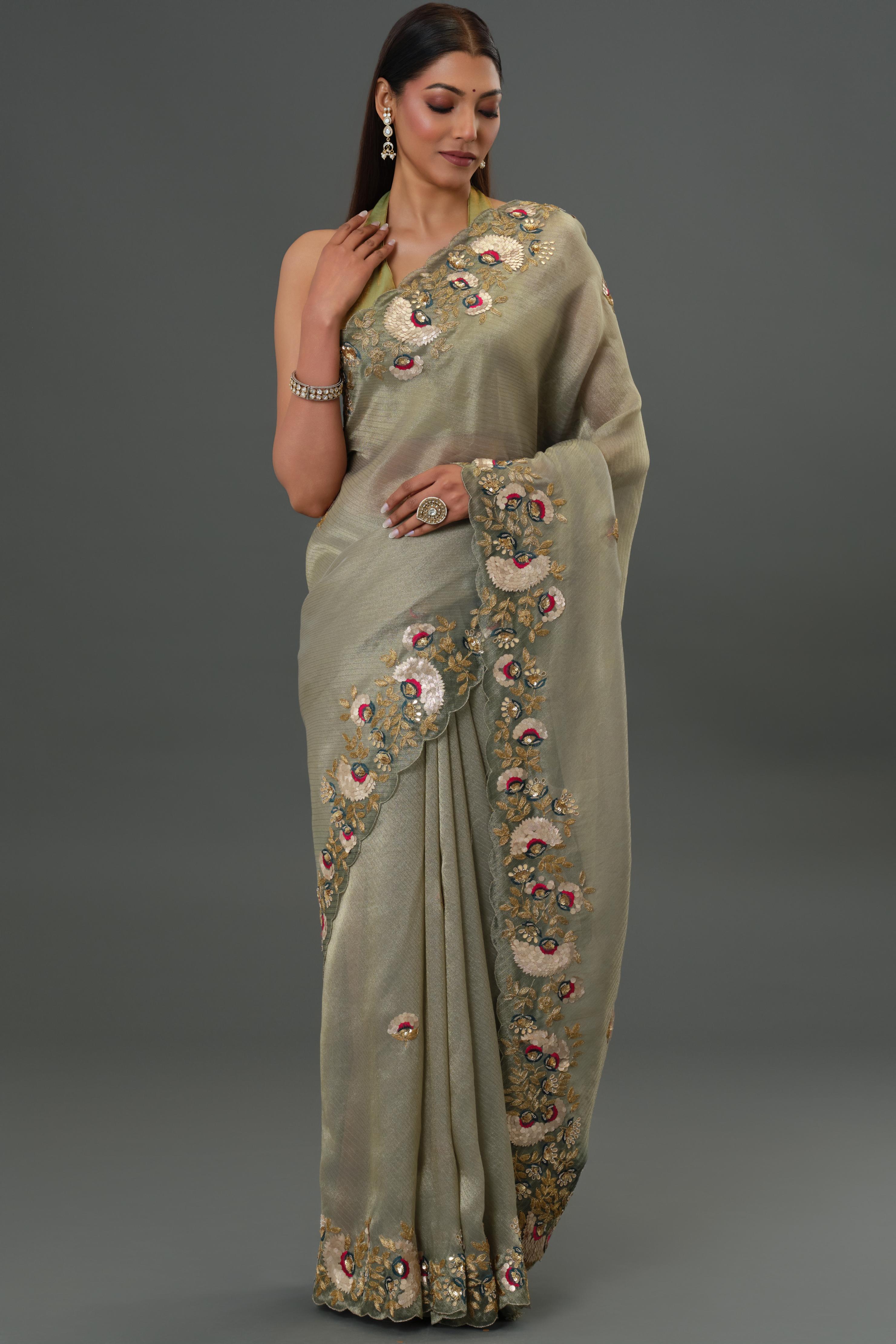Grey Embroidered Tissue Kanjivaram Silk Saree