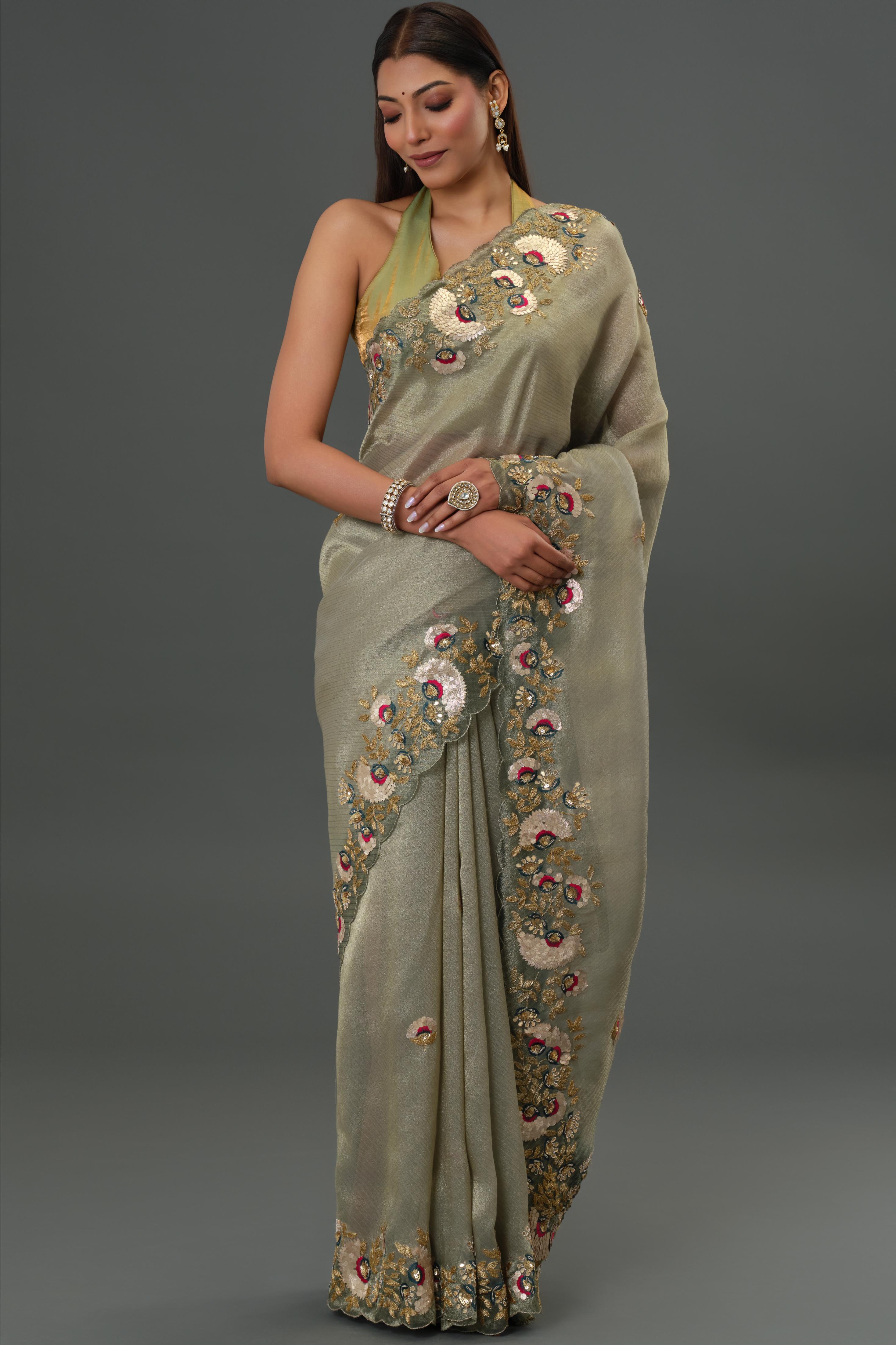 Grey Embroidered Tissue Kanjivaram Silk Saree