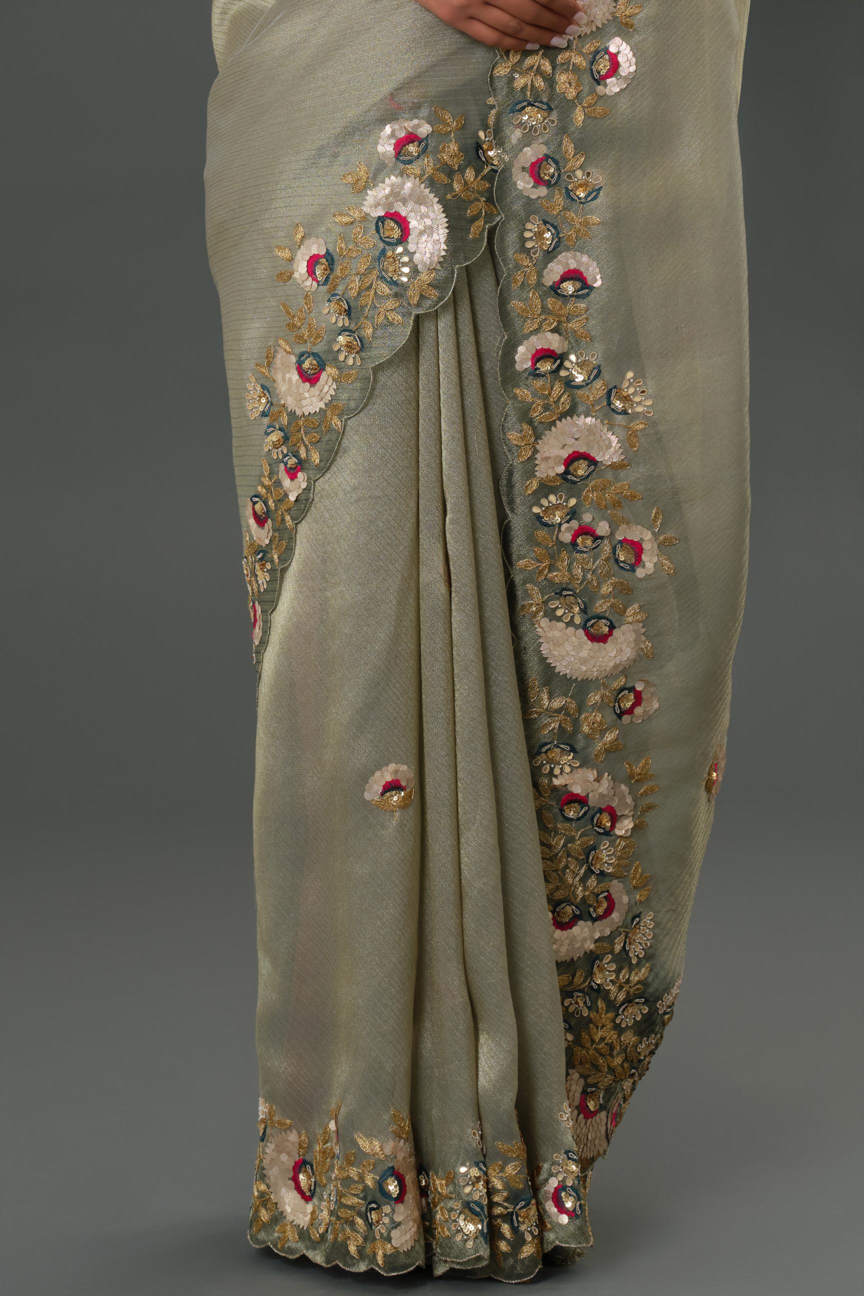 Grey Embroidered Tissue Kanjivaram Silk Saree