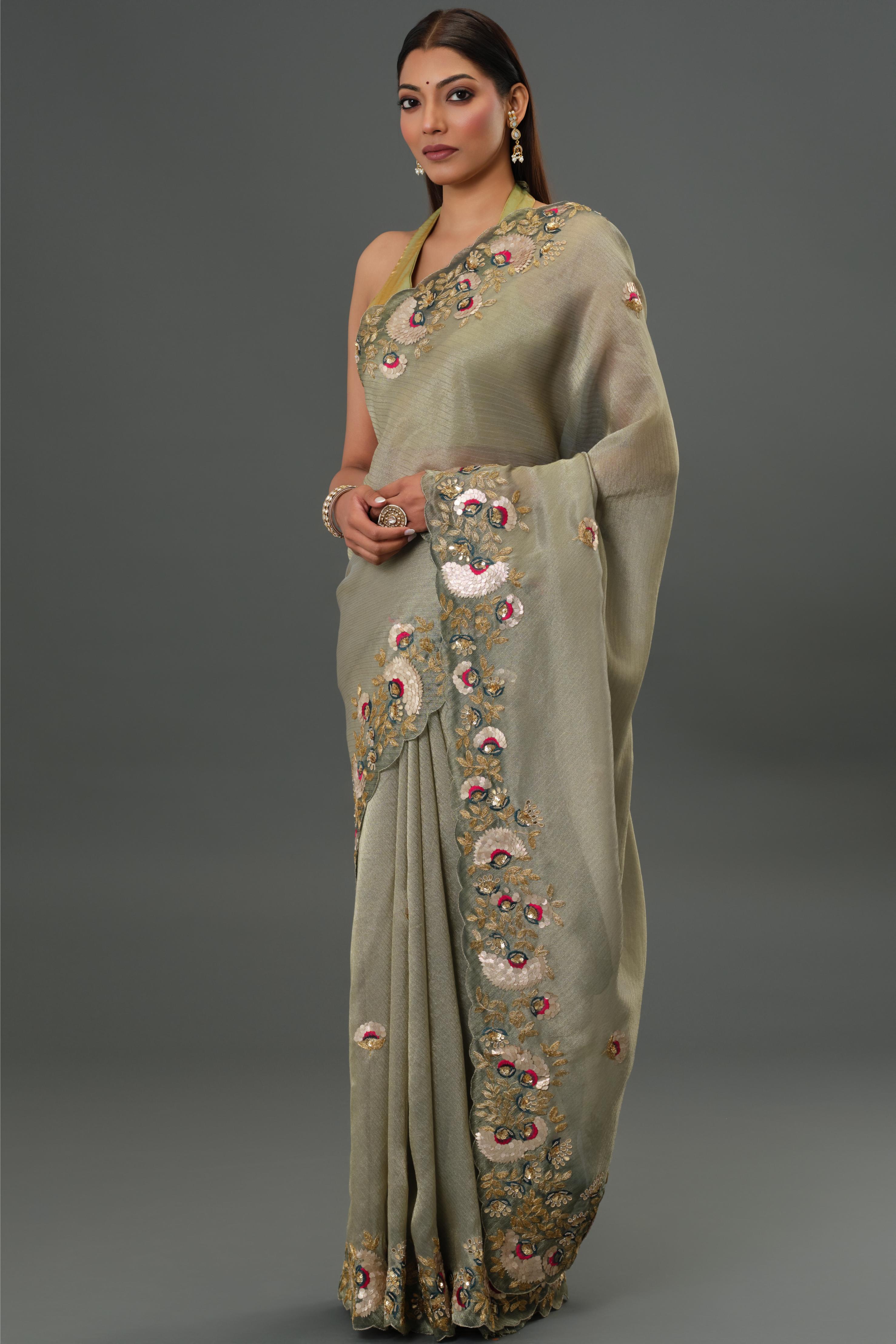 Grey Embroidered Tissue Kanjivaram Silk Saree