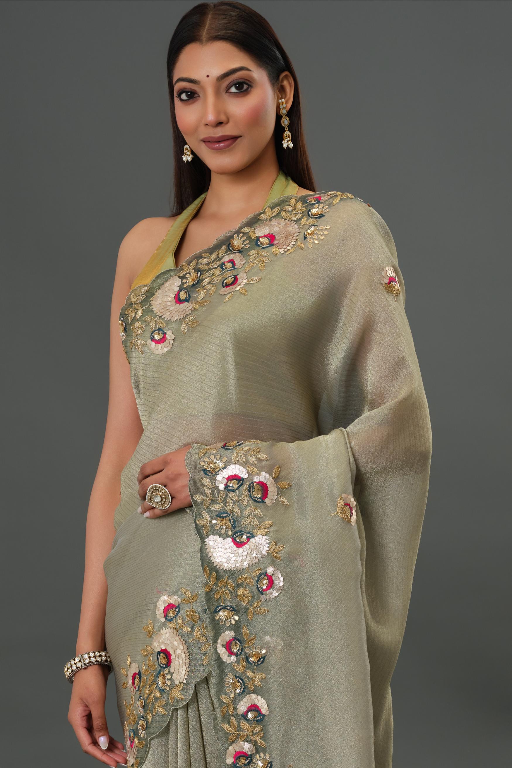 Grey Embroidered Tissue Kanjivaram Silk Saree