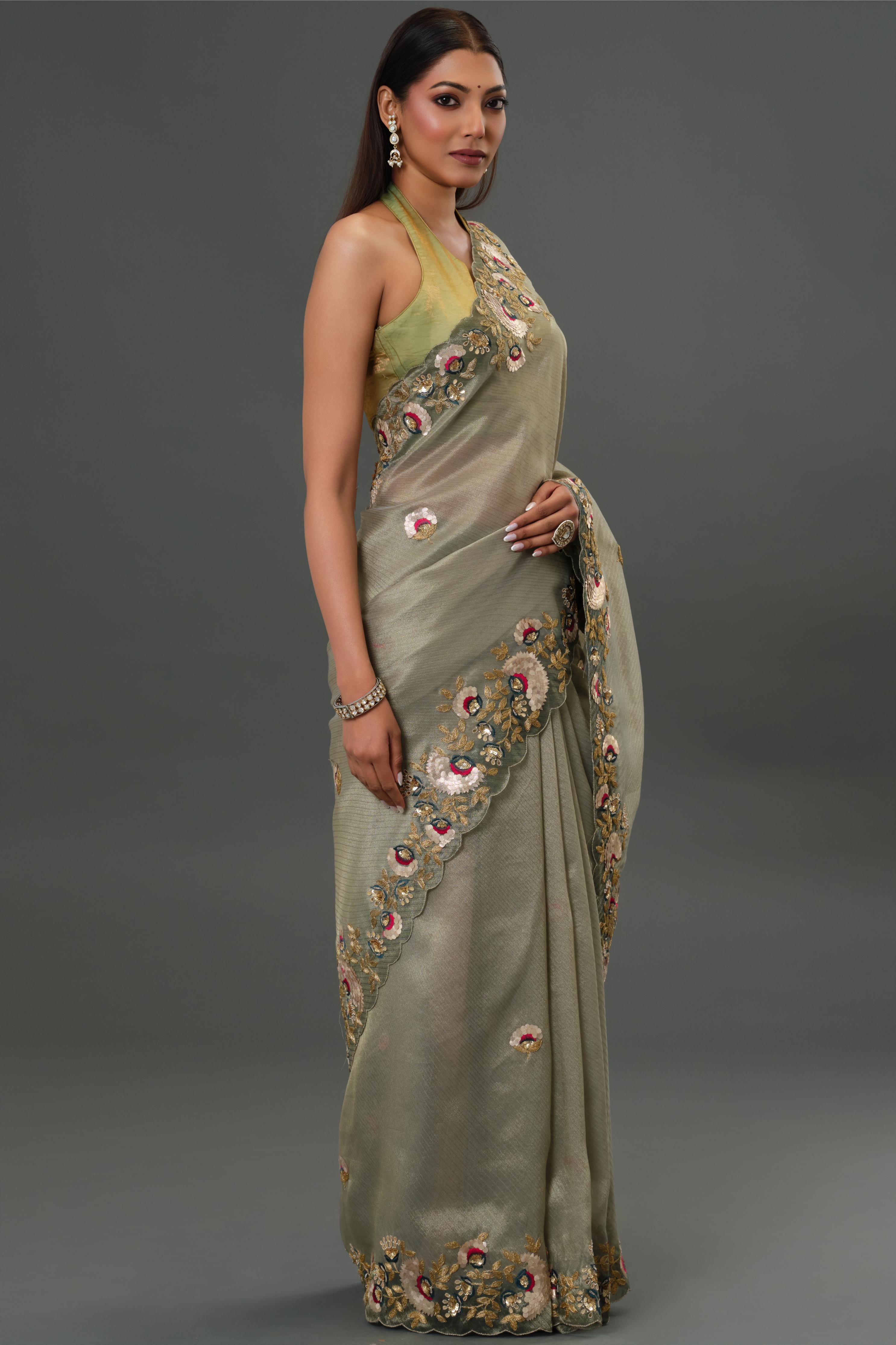 Grey Embroidered Tissue Kanjivaram Silk Saree