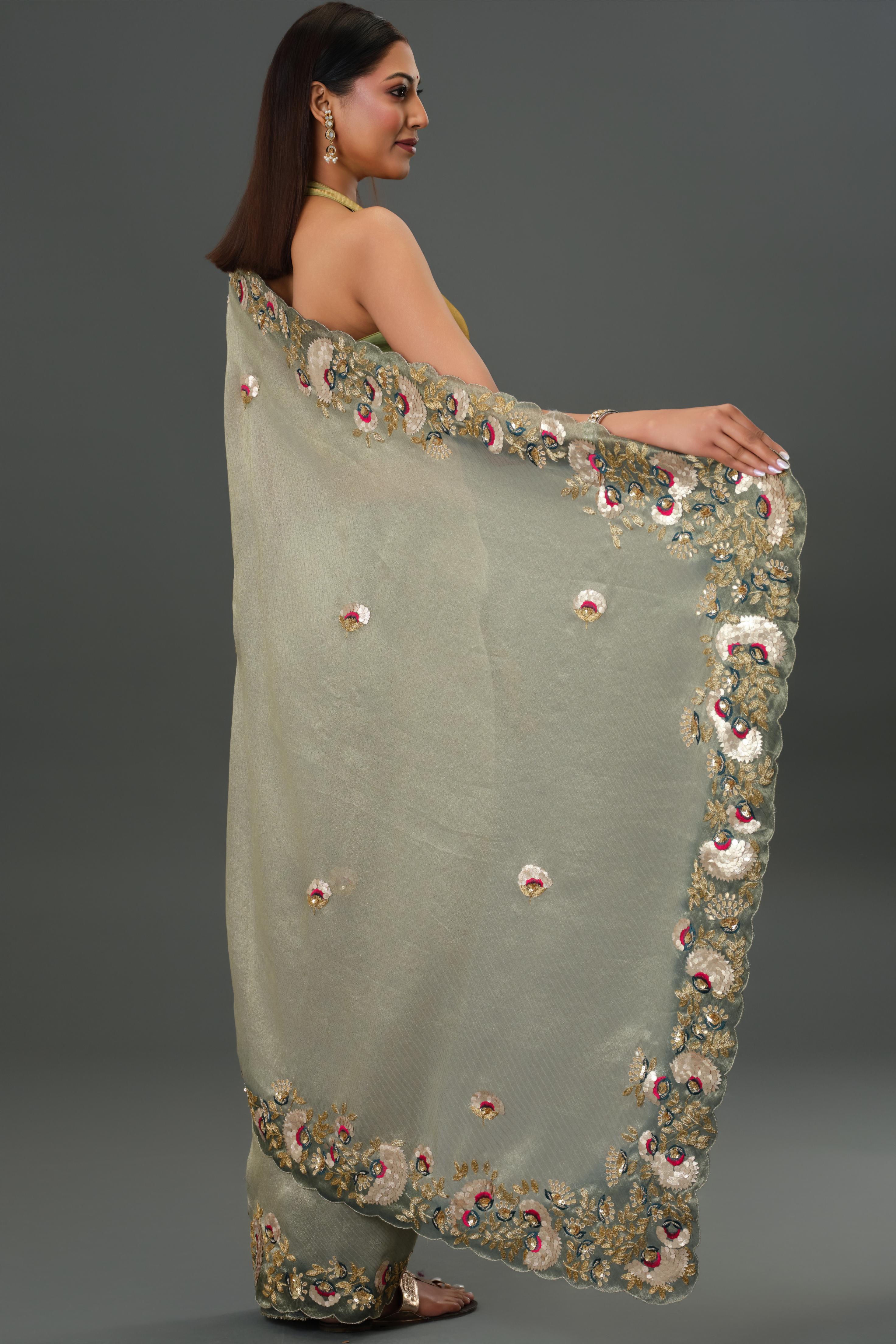Grey Embroidered Tissue Kanjivaram Silk Saree
