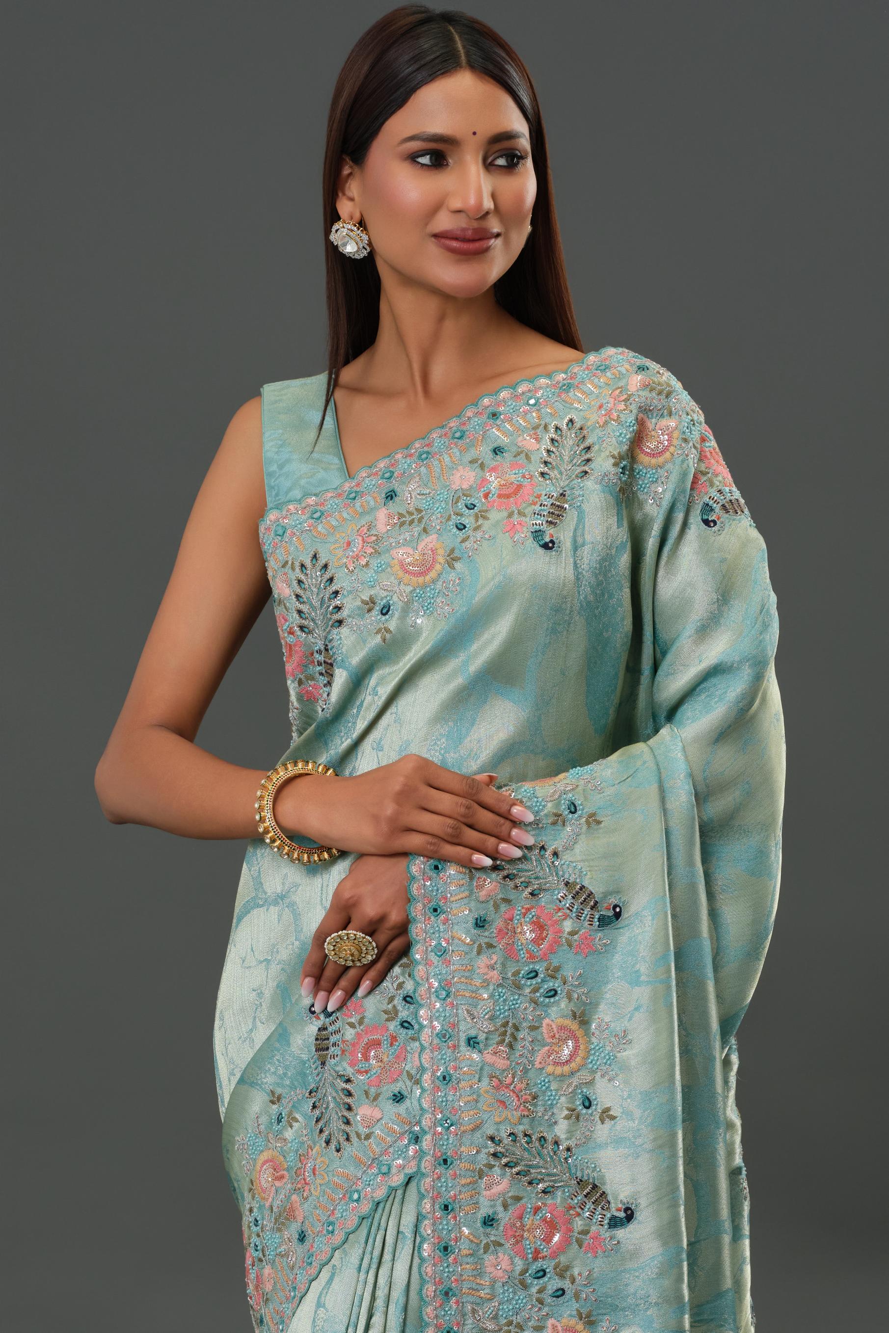 Blue Embroidered Tissue Silk Saree