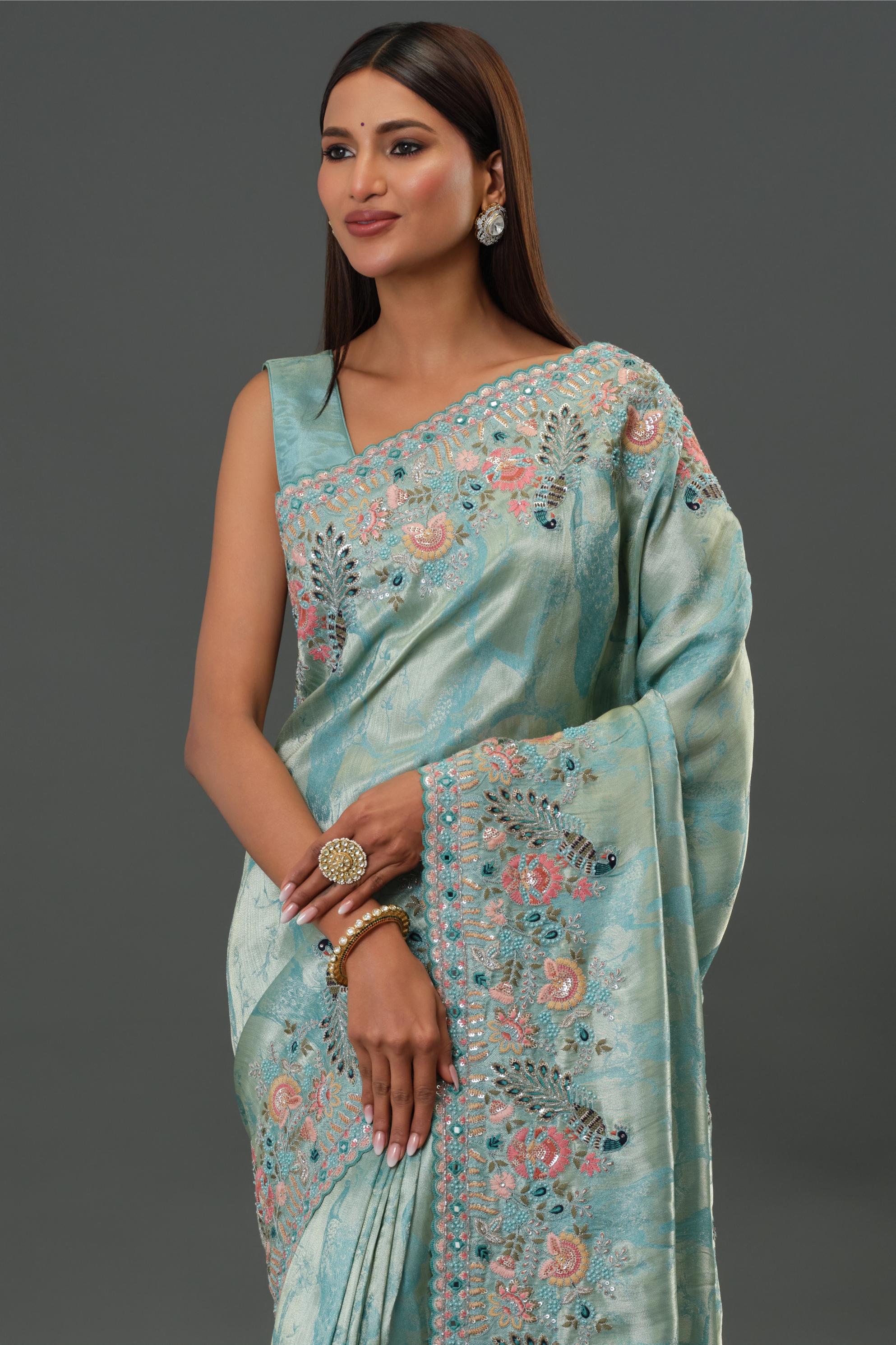 Blue Embroidered Tissue Silk Saree