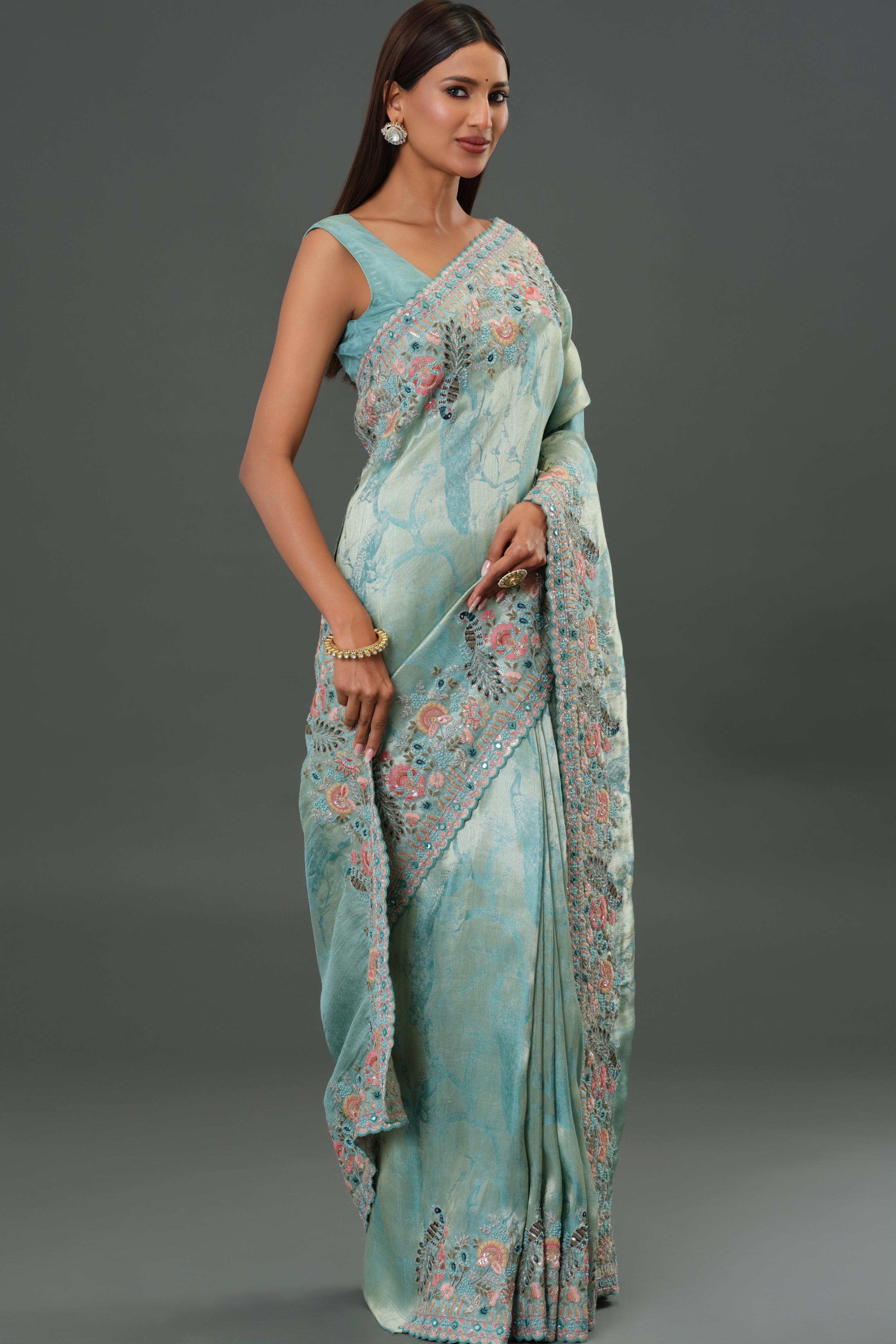 Blue Embroidered Tissue Silk Saree
