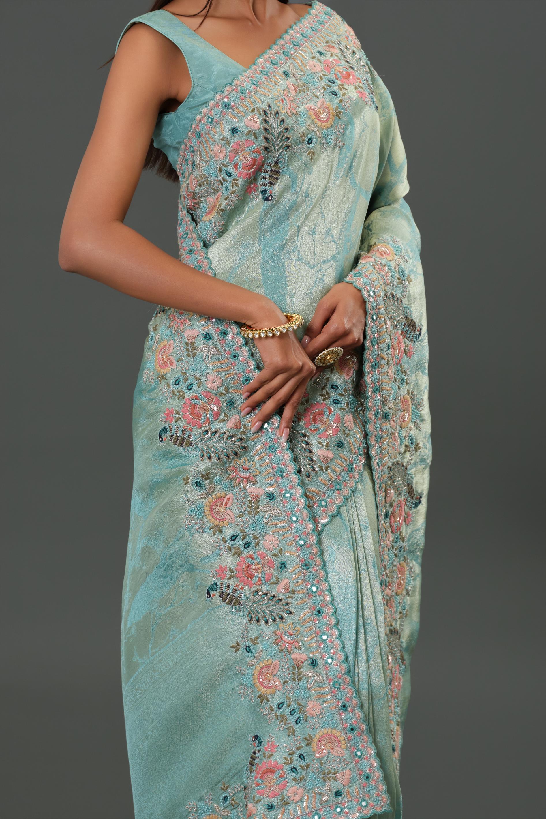 Blue Embroidered Tissue Silk Saree