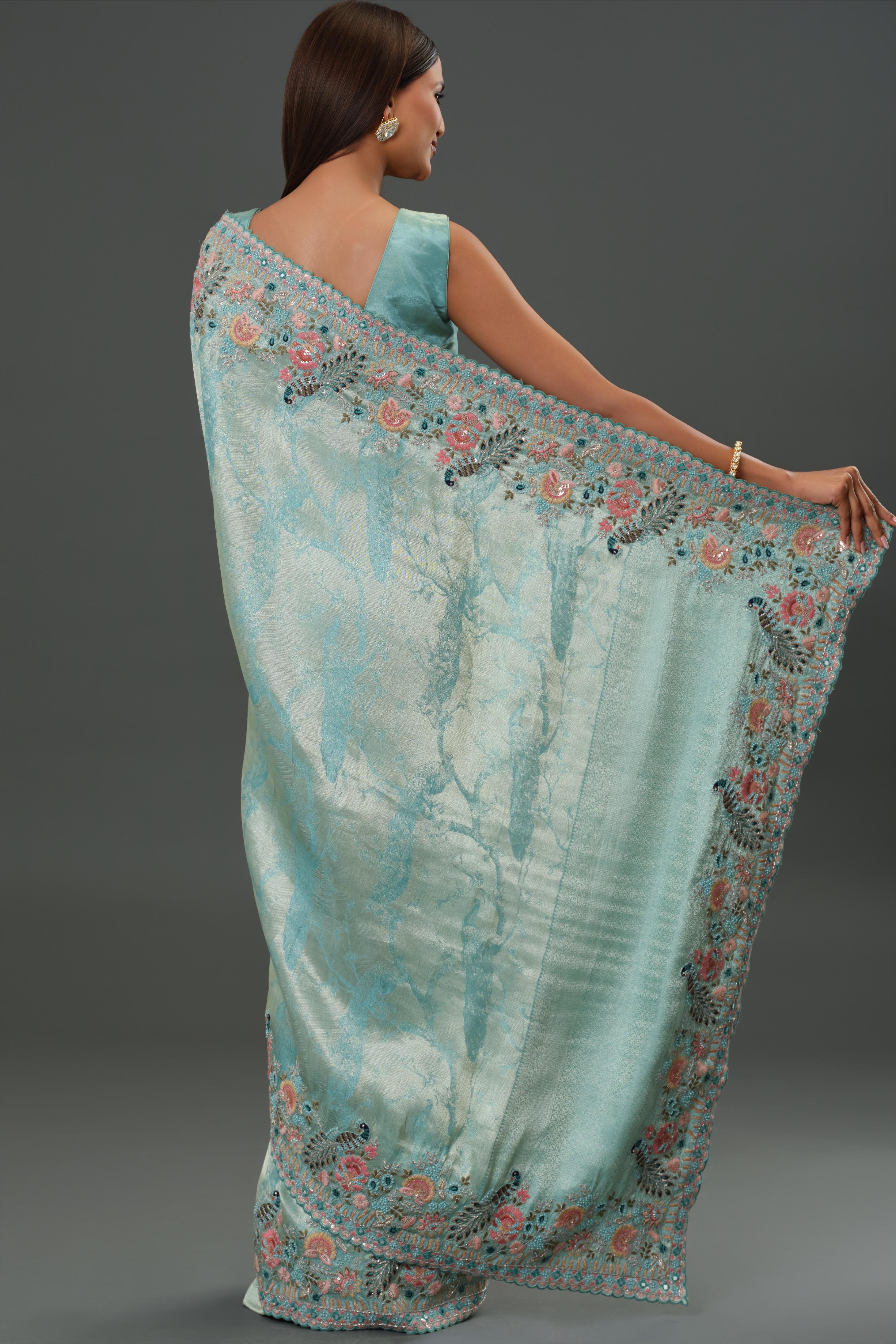 Blue Embroidered Tissue Silk Saree