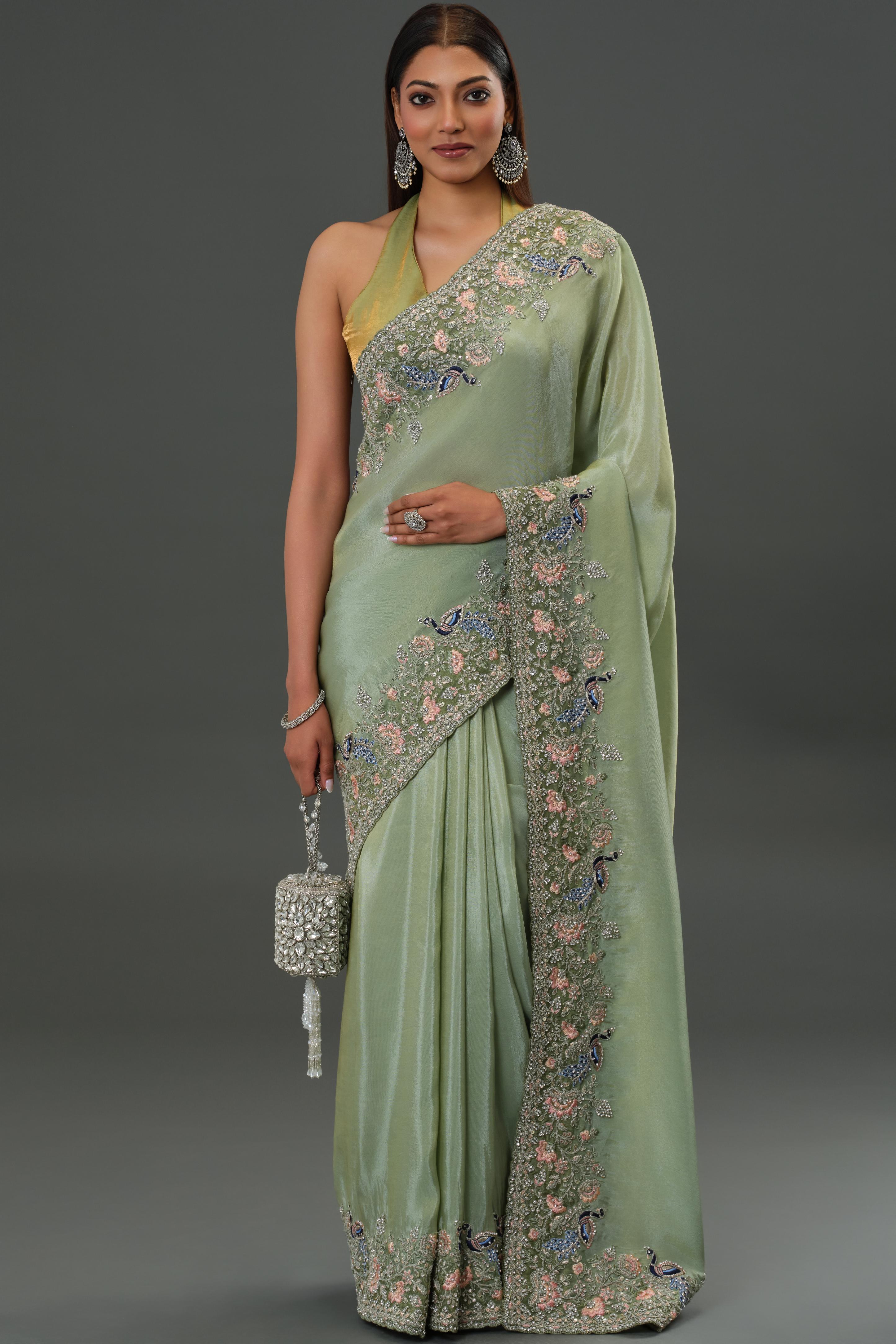 Green Embroidered Banarasi Tissue Silk Saree