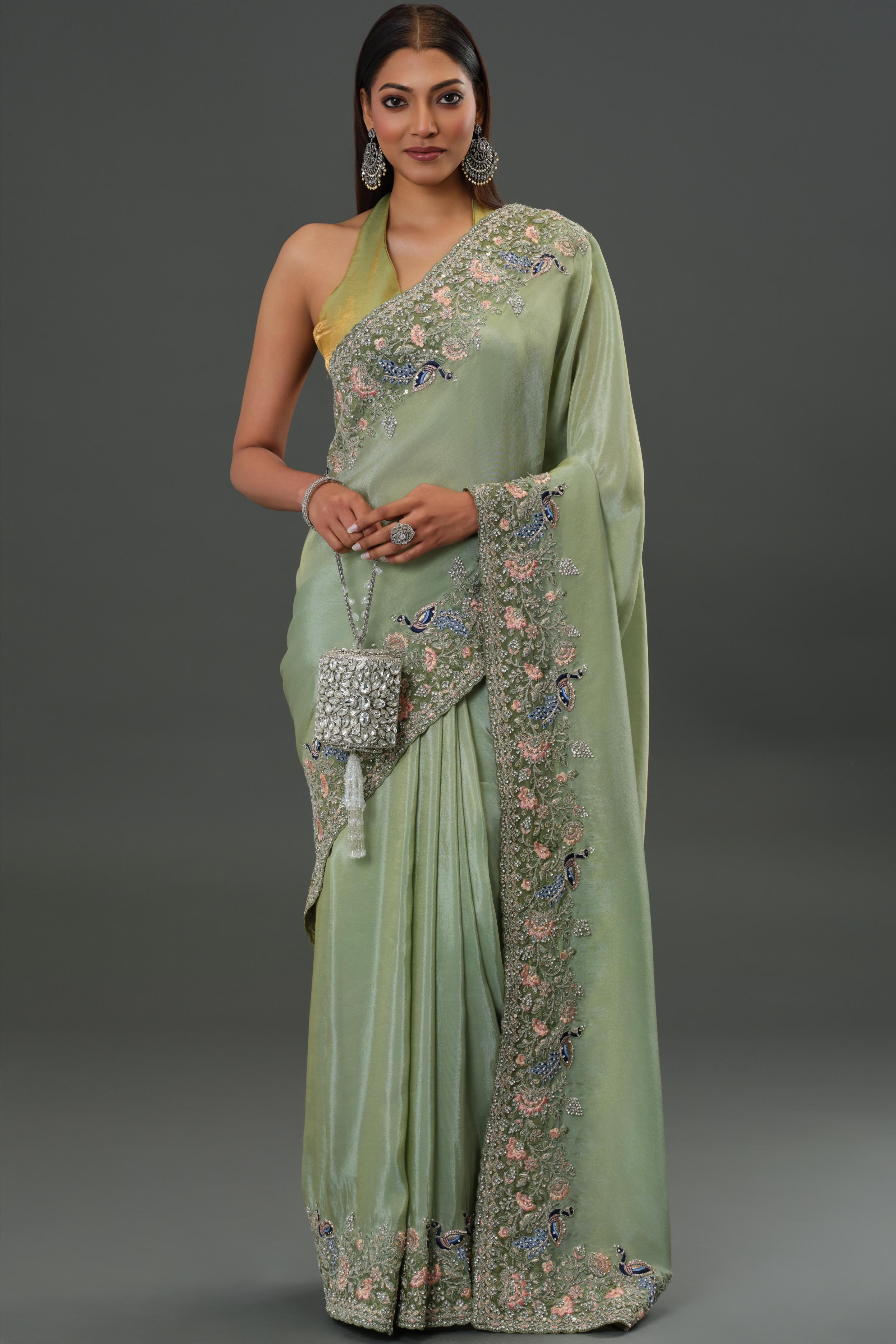 Green Embroidered Banarasi Tissue Silk Saree