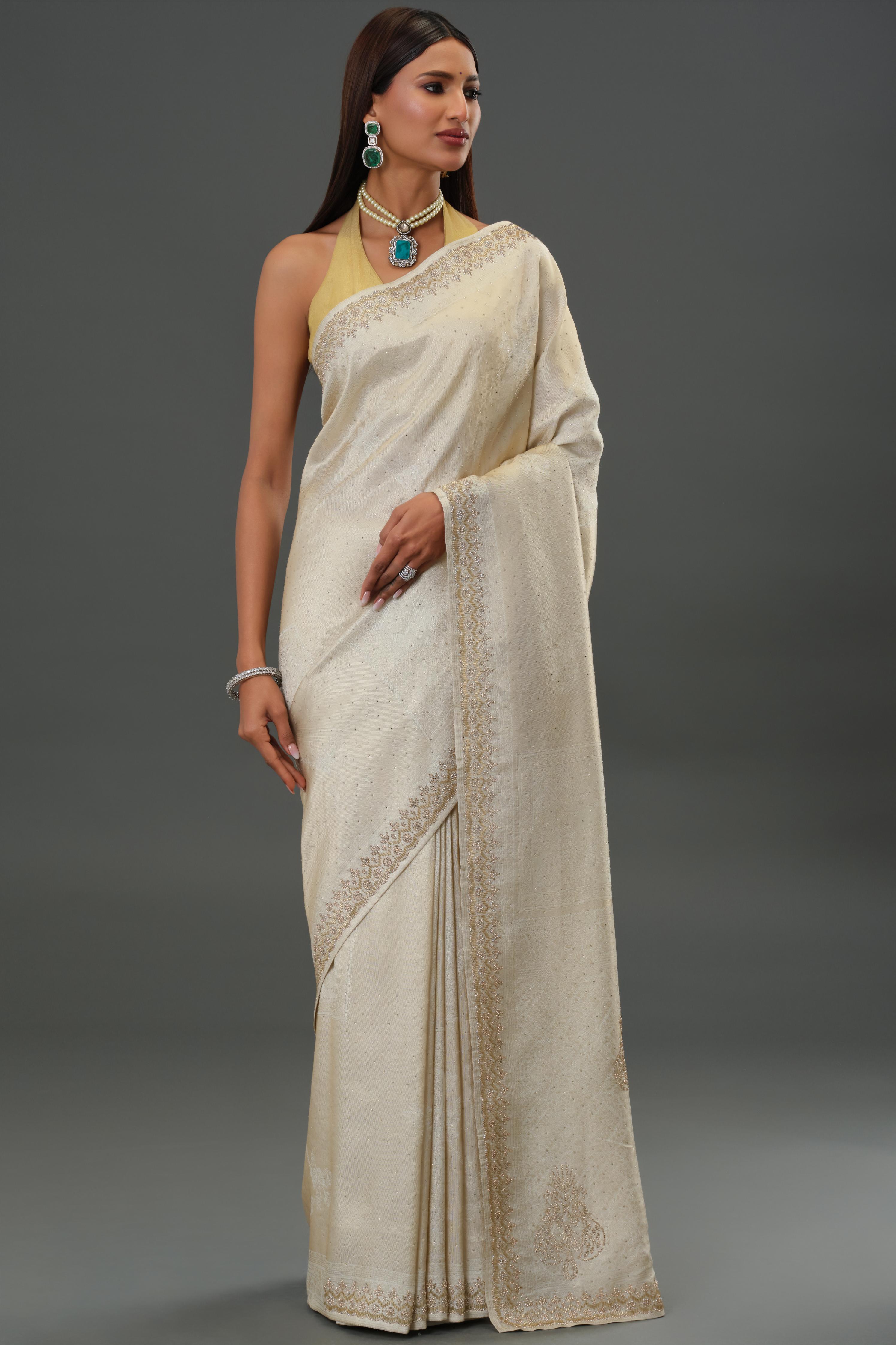 Soft Ivory Embellished Banarasi Silk Saree
