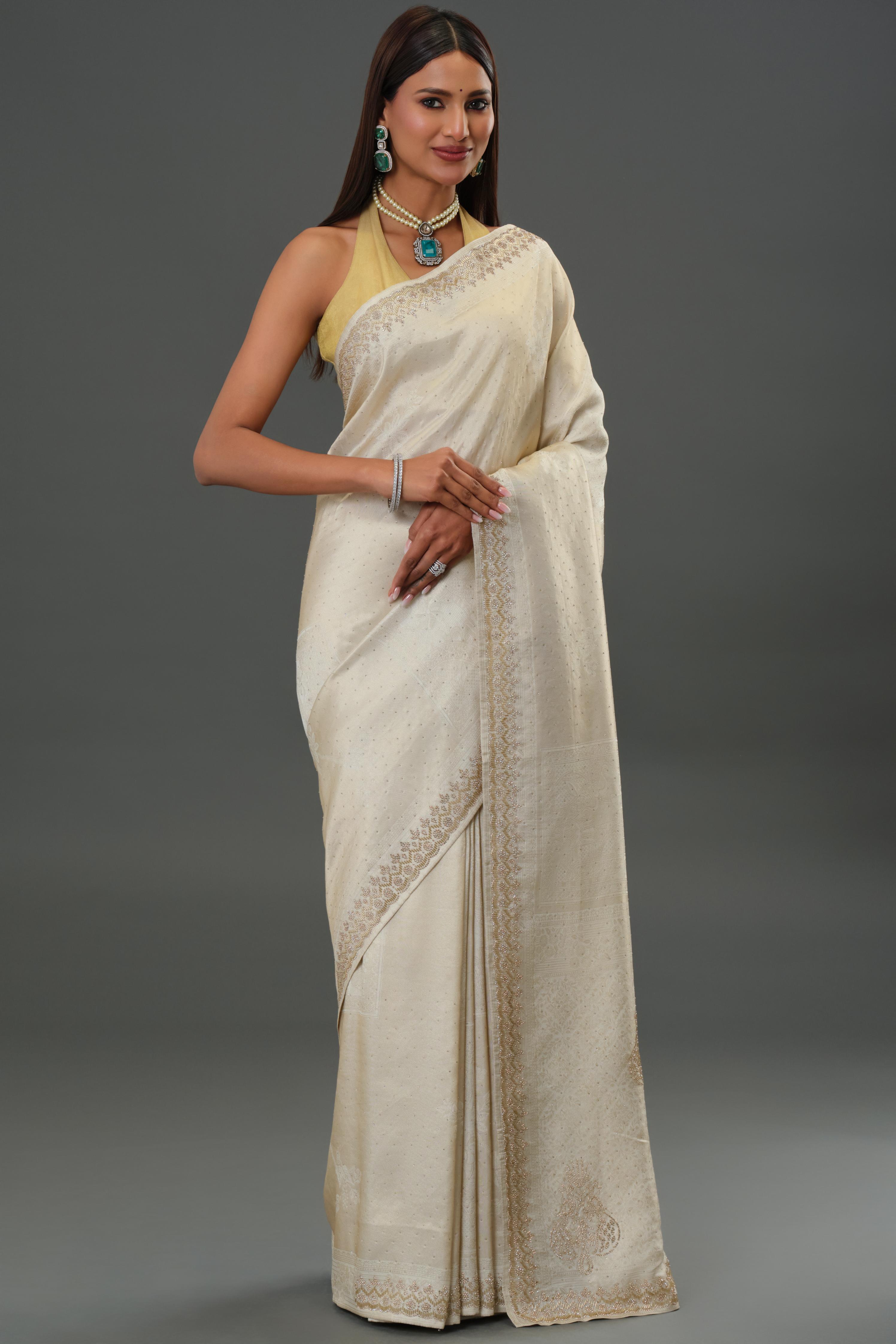 Soft Ivory Embellished Banarasi Silk Saree