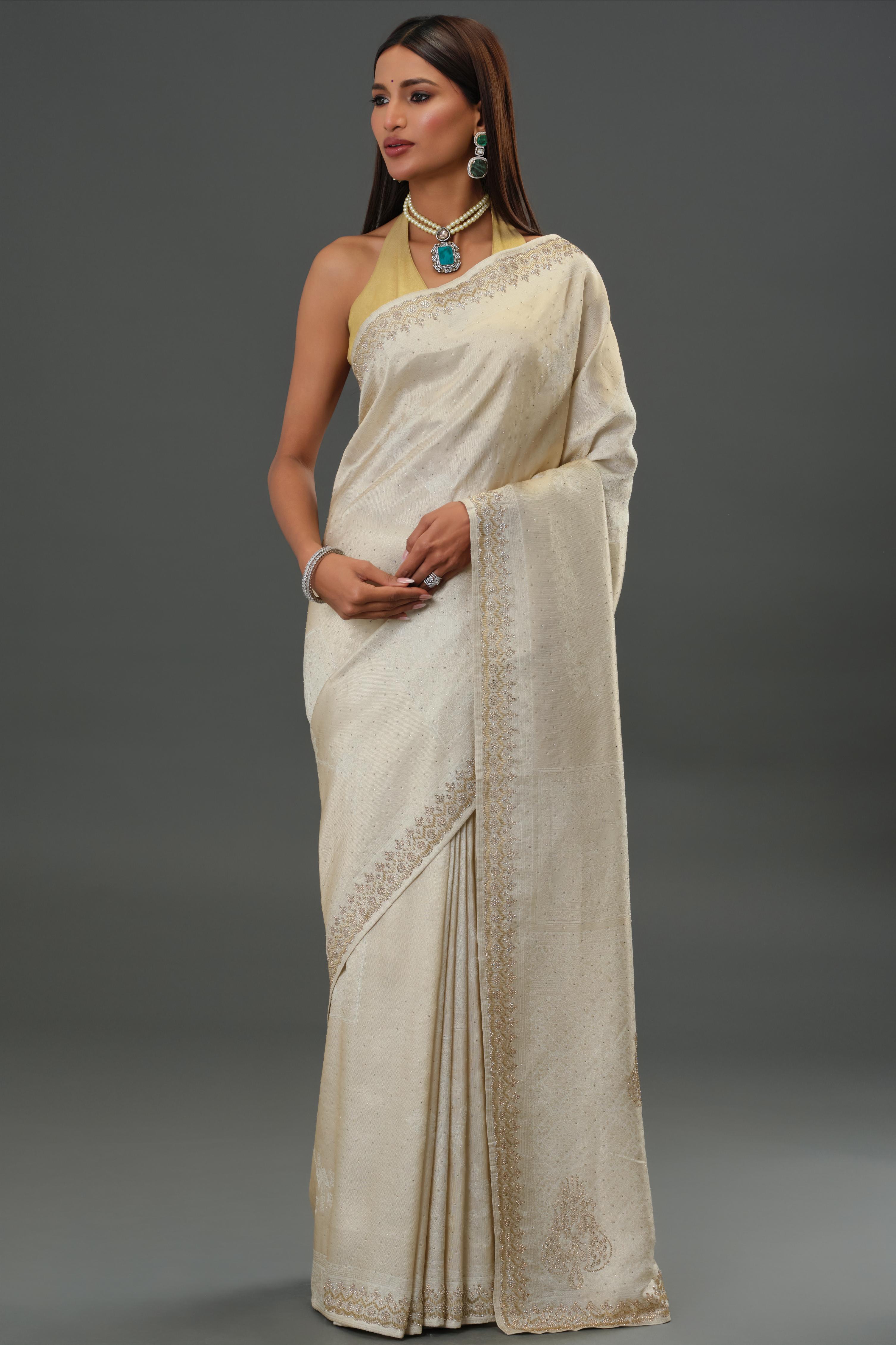 Soft Ivory Embellished Banarasi Silk Saree