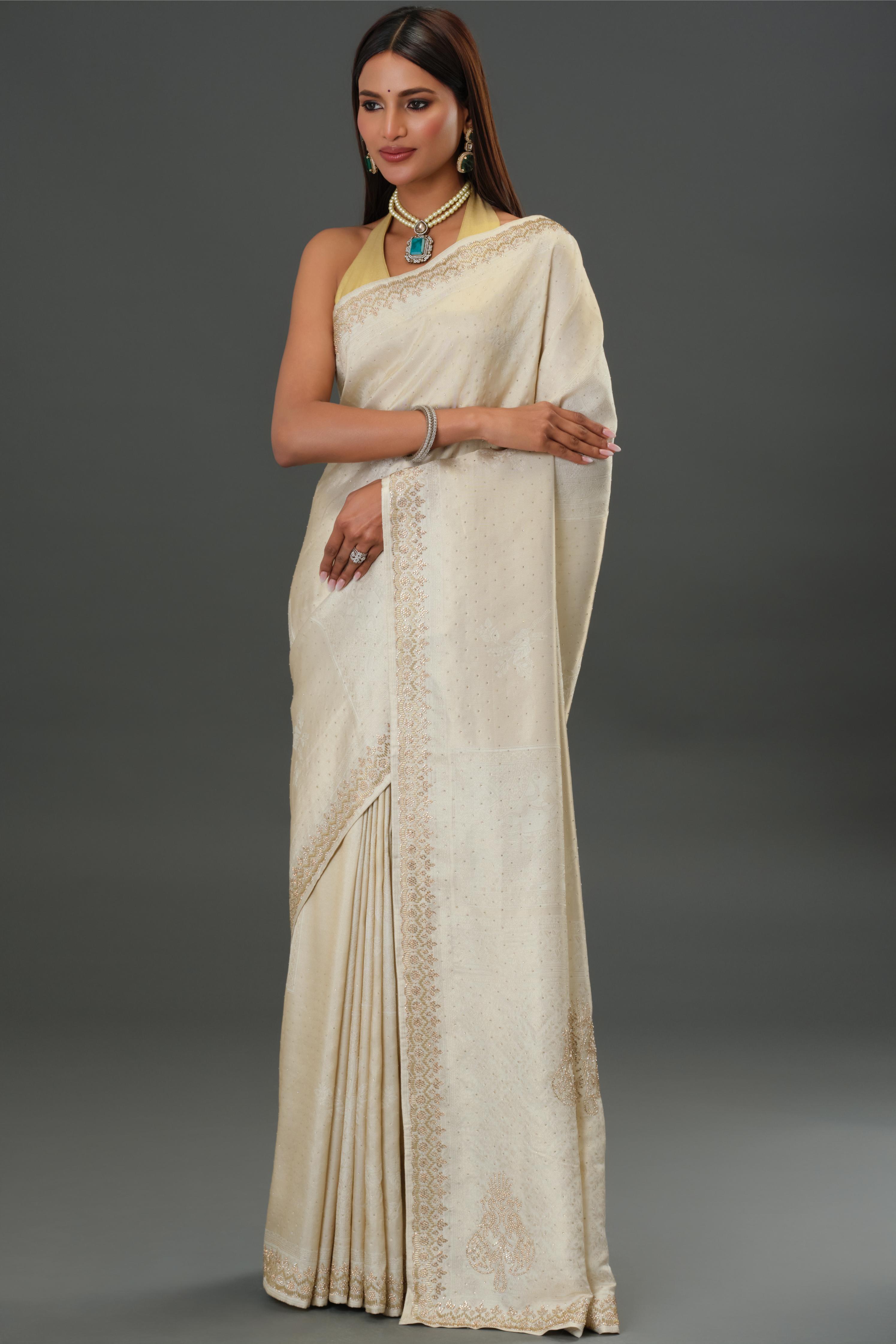 Soft Ivory Embellished Banarasi Silk Saree