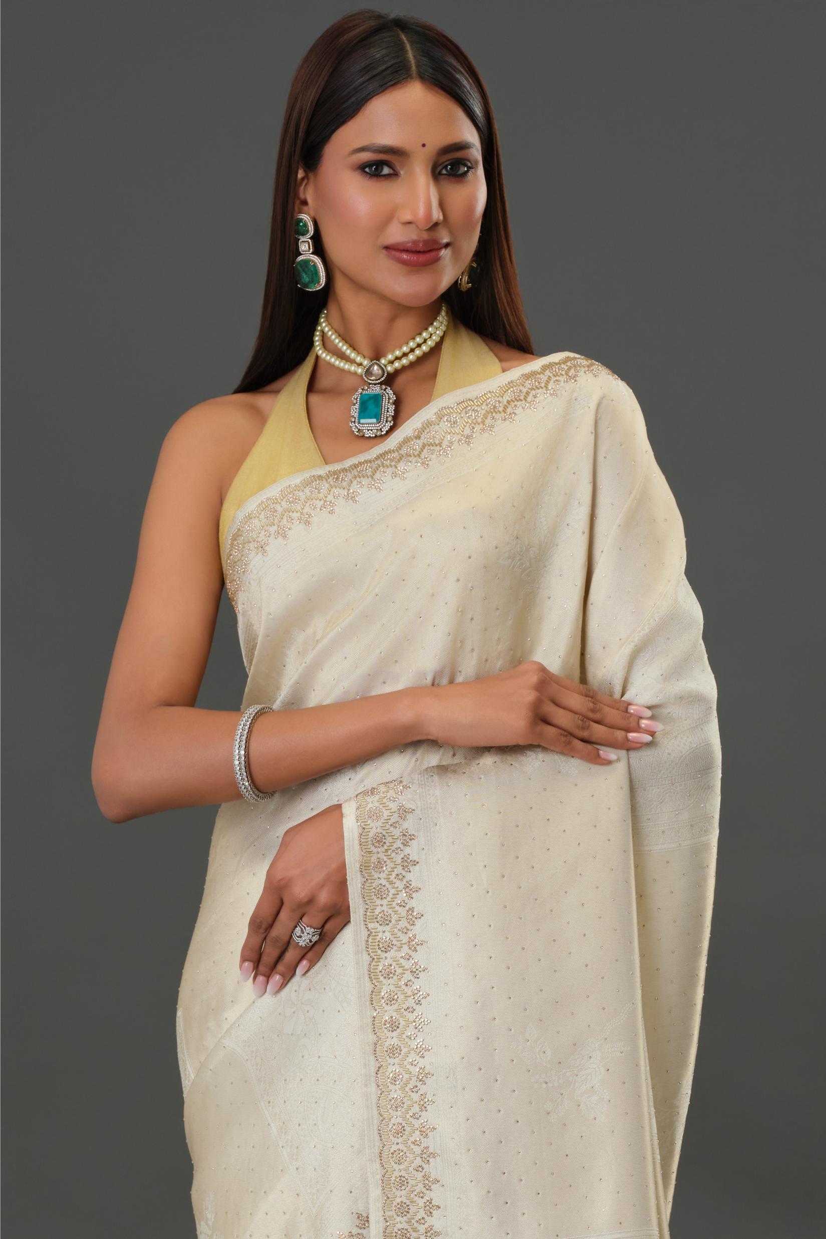 Soft Ivory Embellished Banarasi Silk Saree