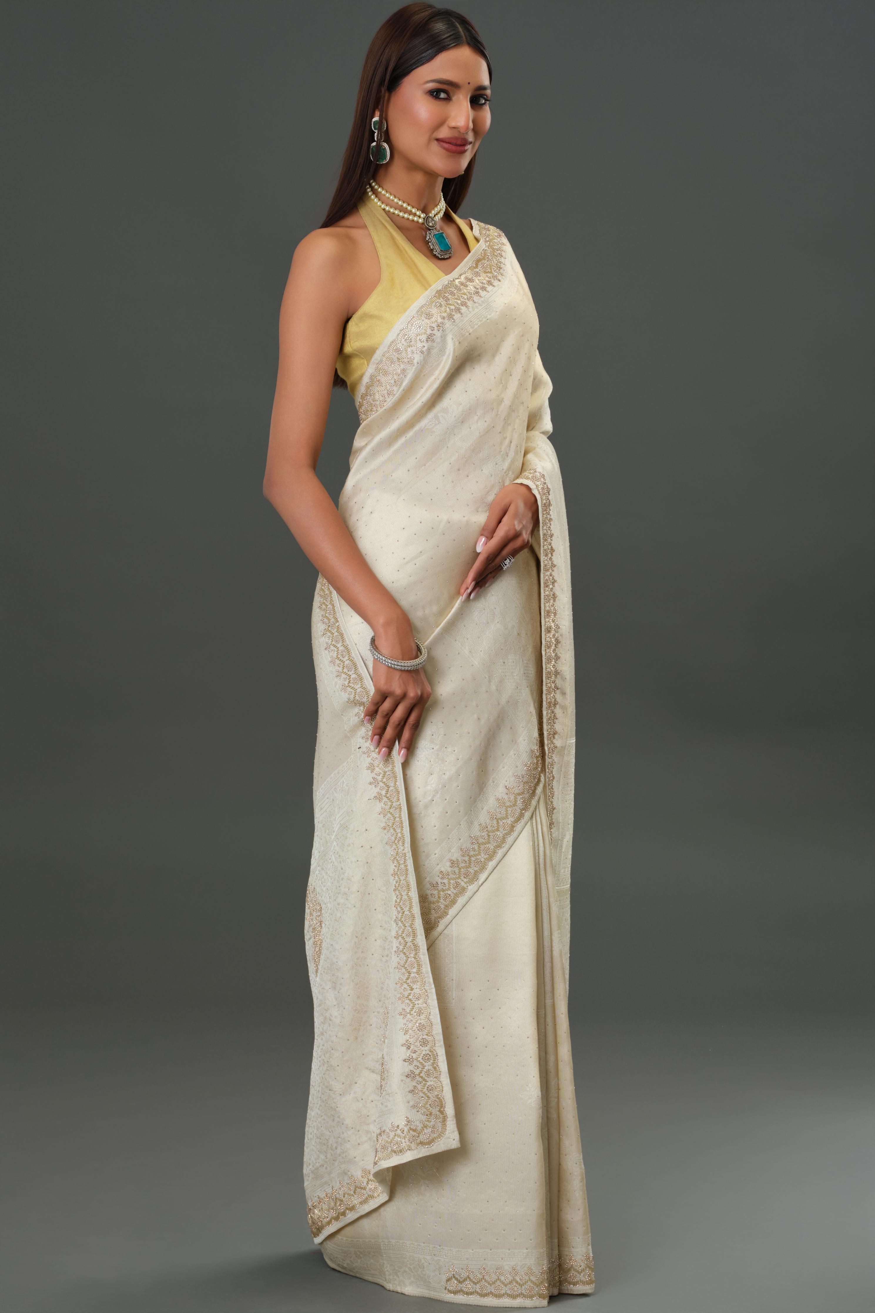 Soft Ivory Embellished Banarasi Silk Saree