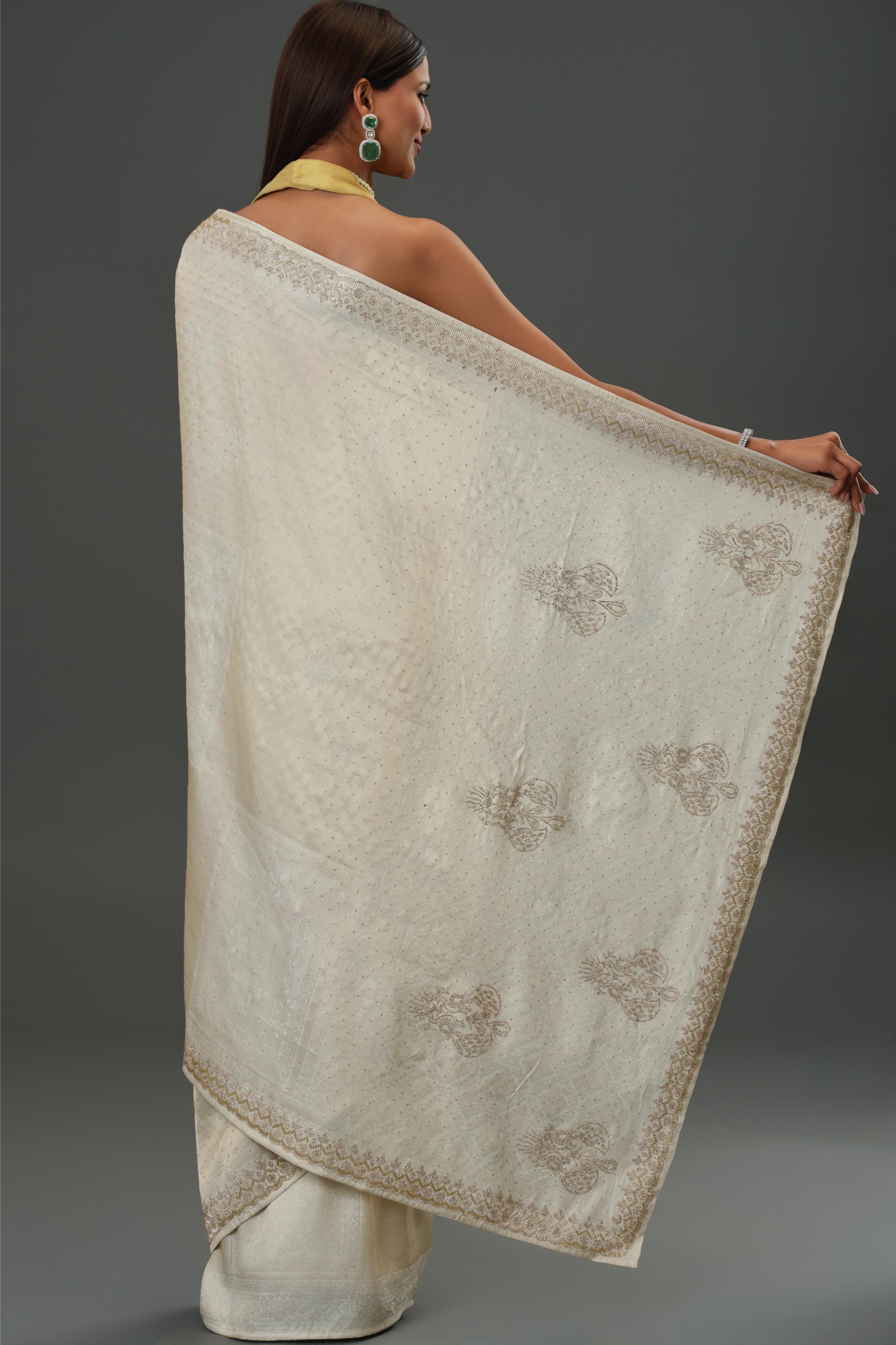 Soft Ivory Embellished Banarasi Silk Saree