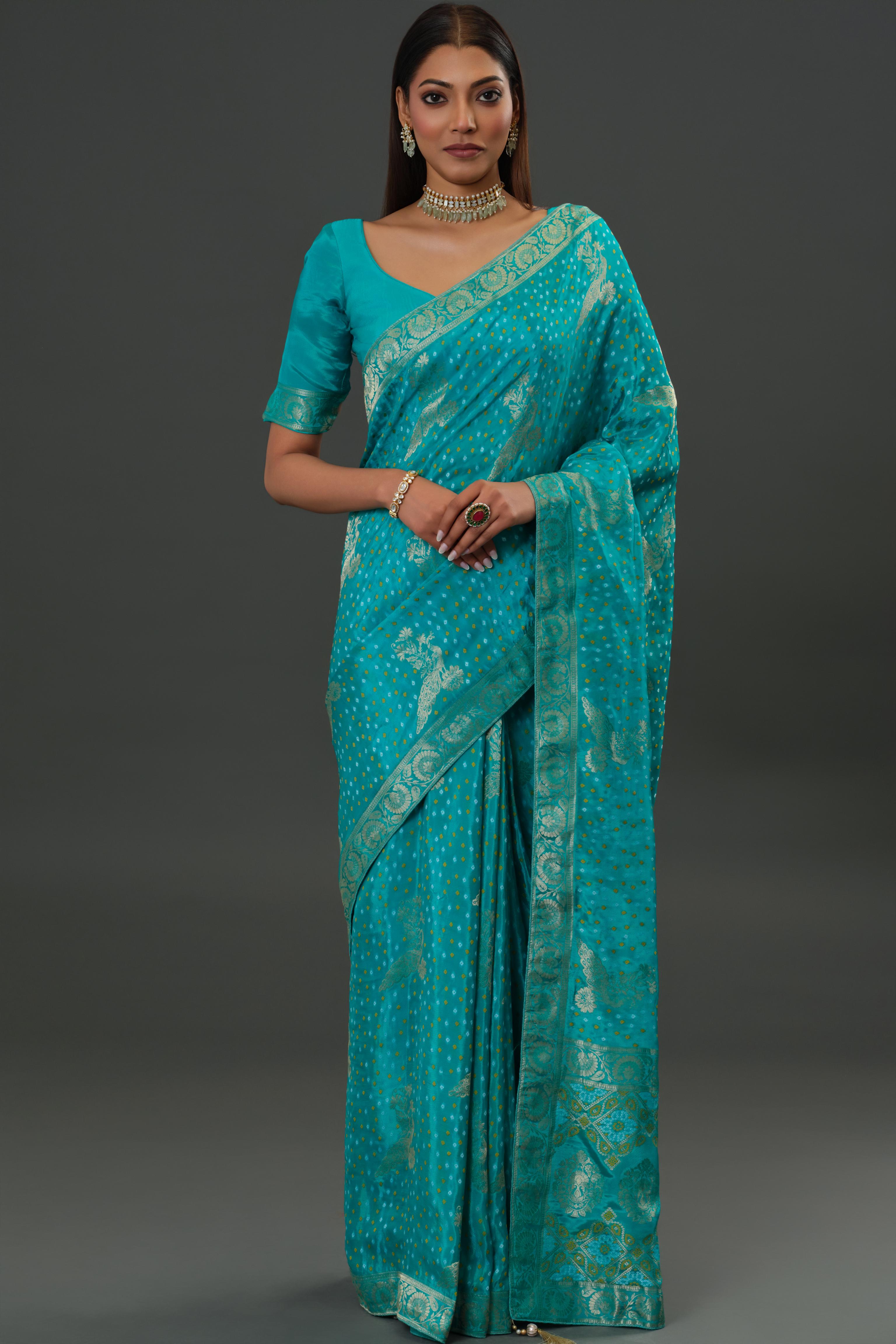 Teal Bandhani Printed Dola Silk Saree