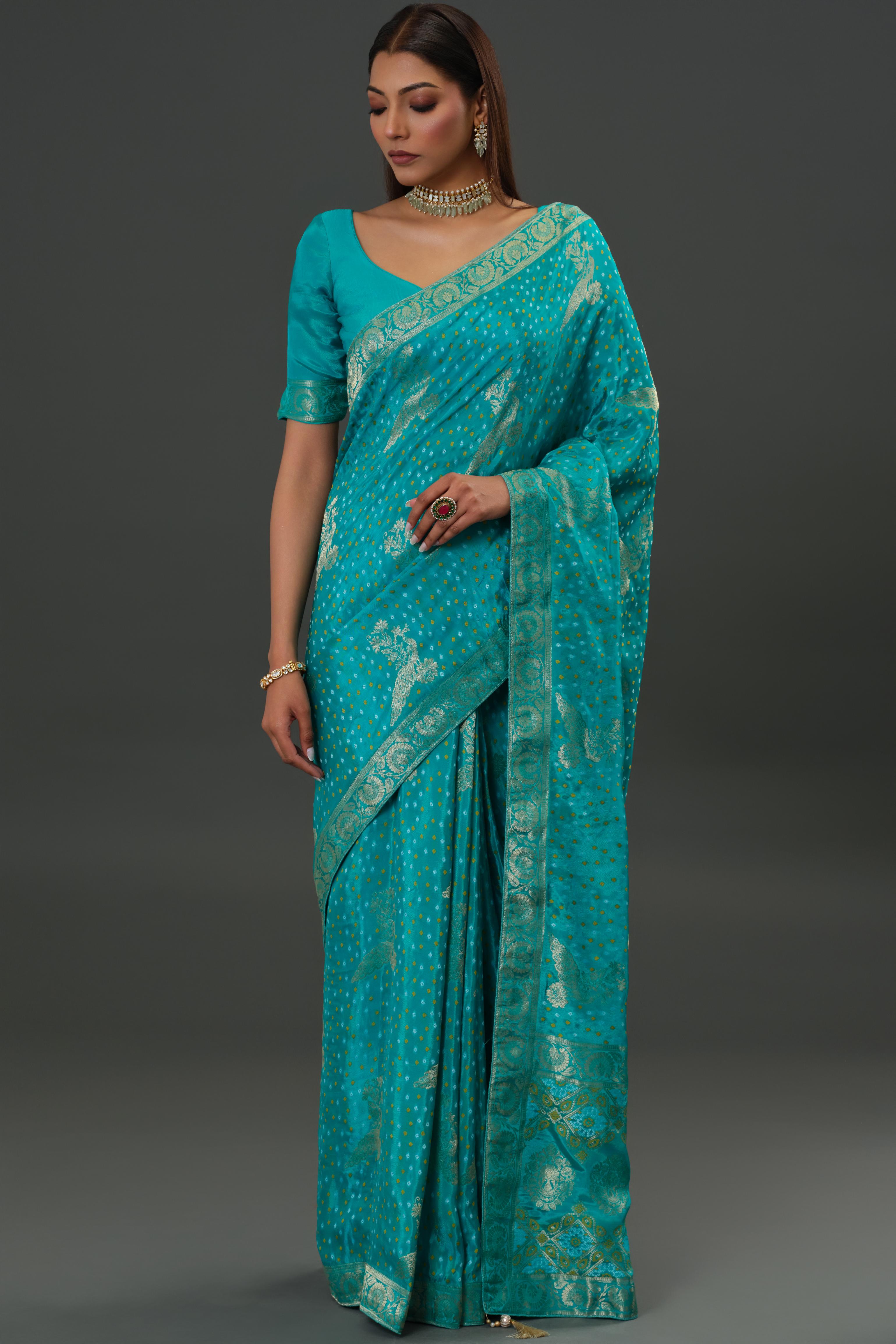 Teal Bandhani Printed Dola Silk Saree