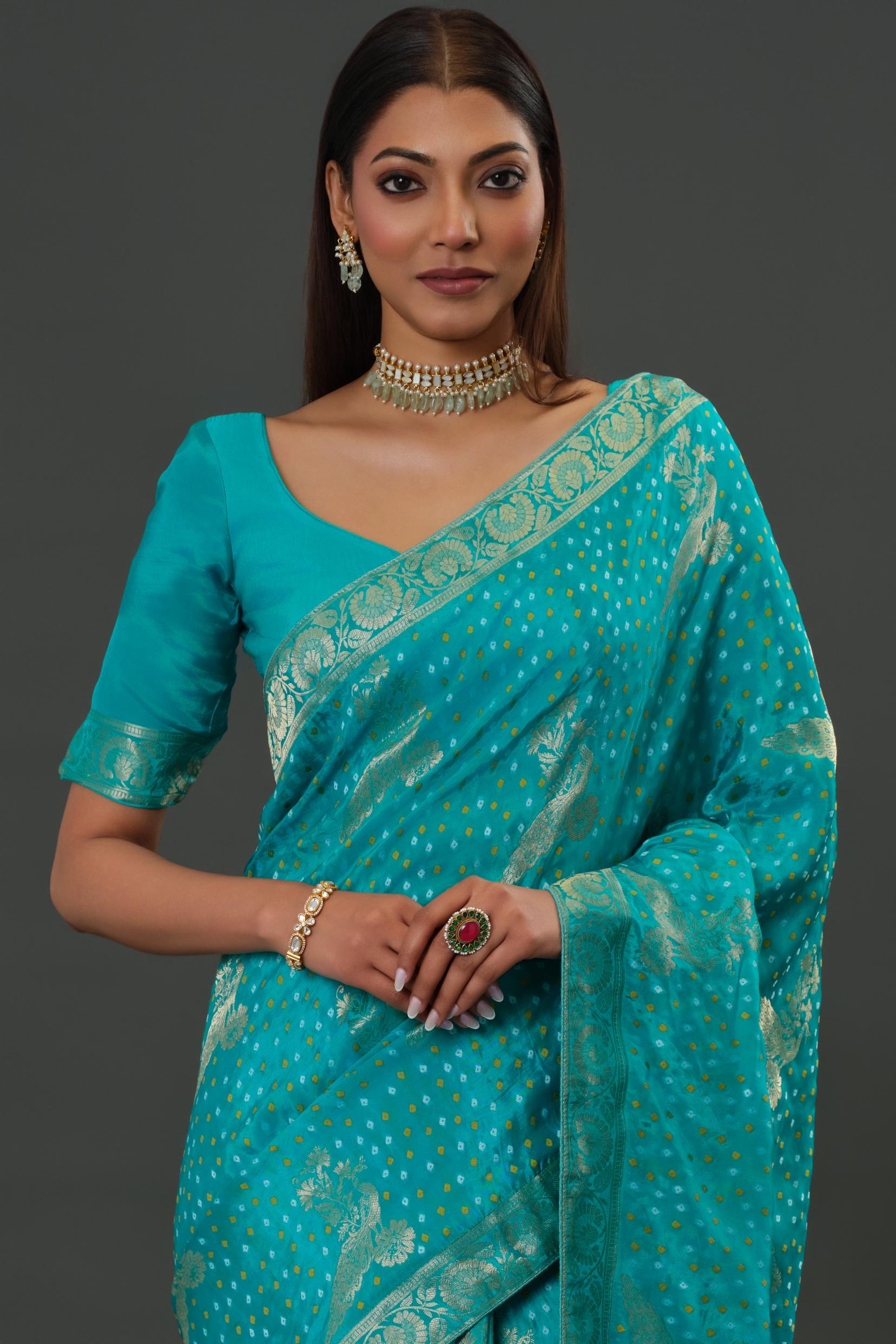 Teal Bandhani Printed Dola Silk Saree