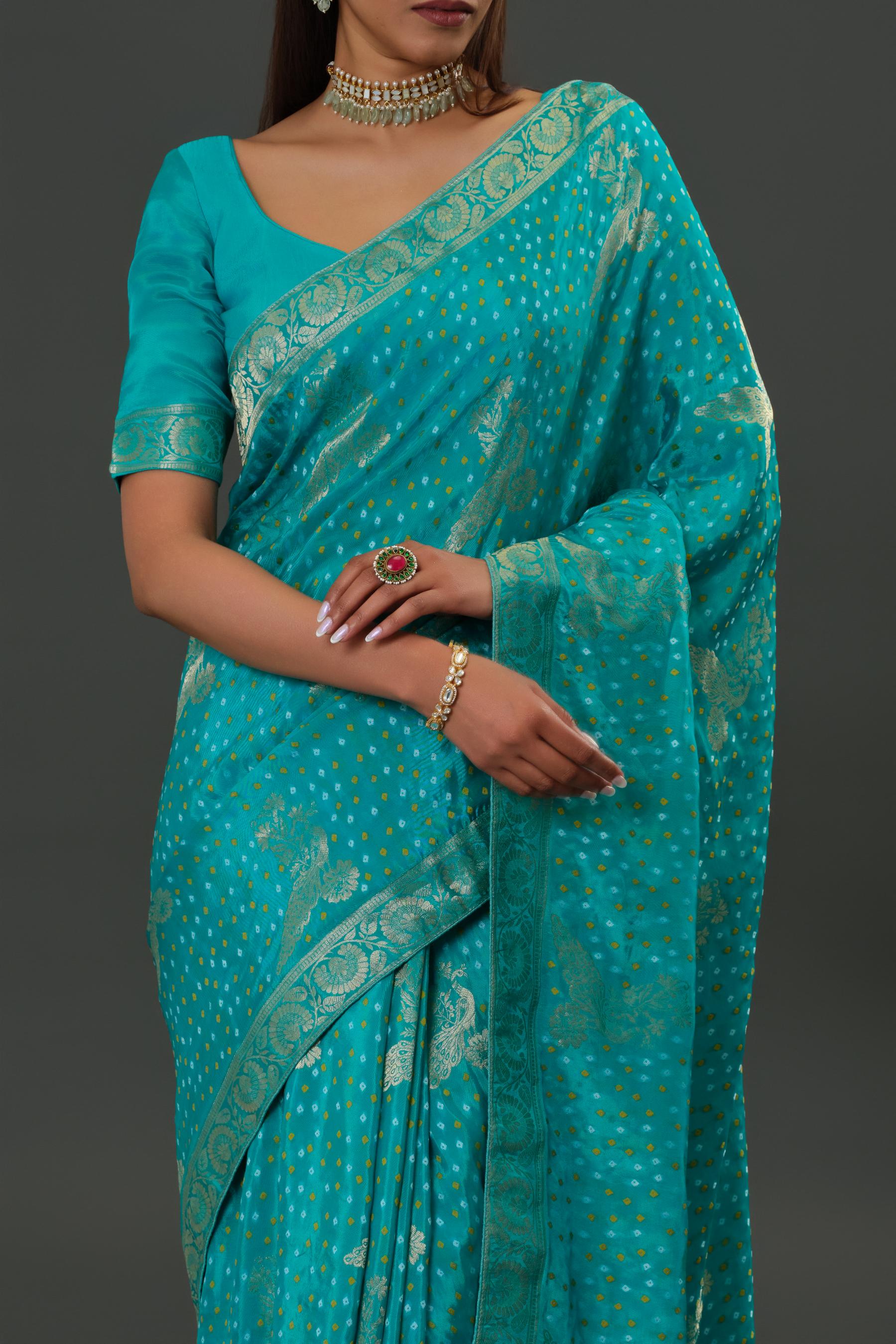 Teal Bandhani Printed Dola Silk Saree