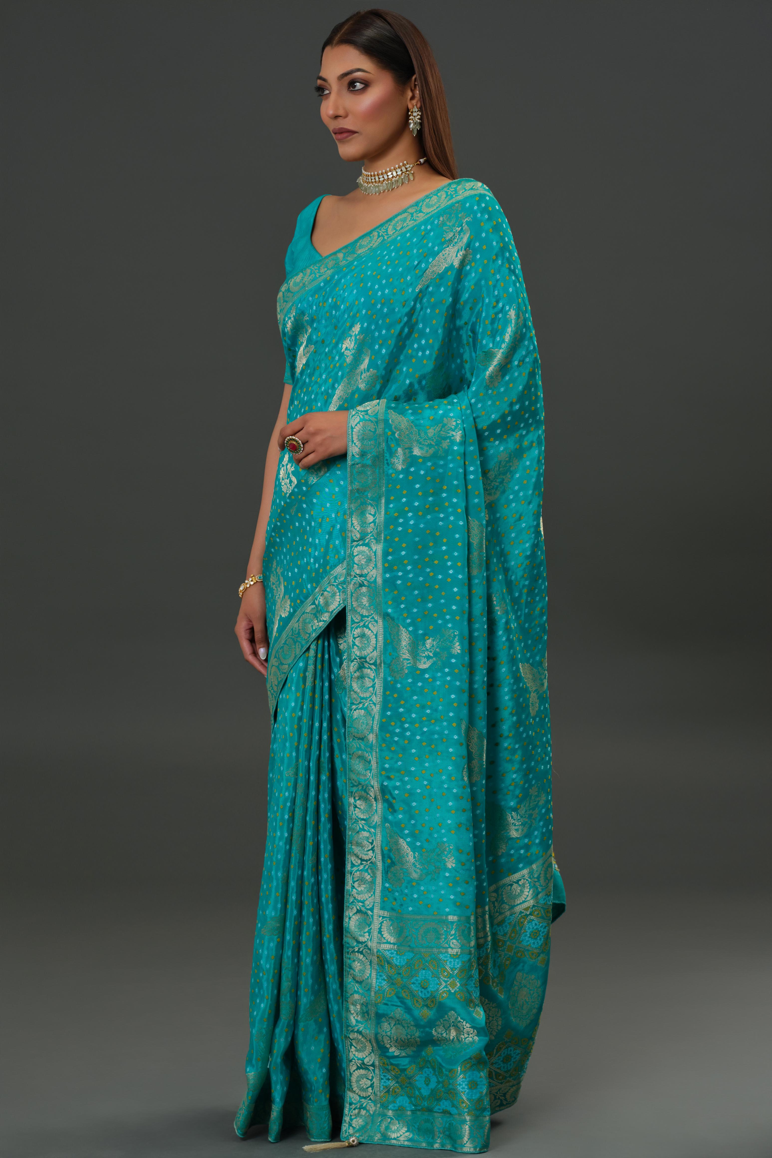 Teal Bandhani Printed Dola Silk Saree