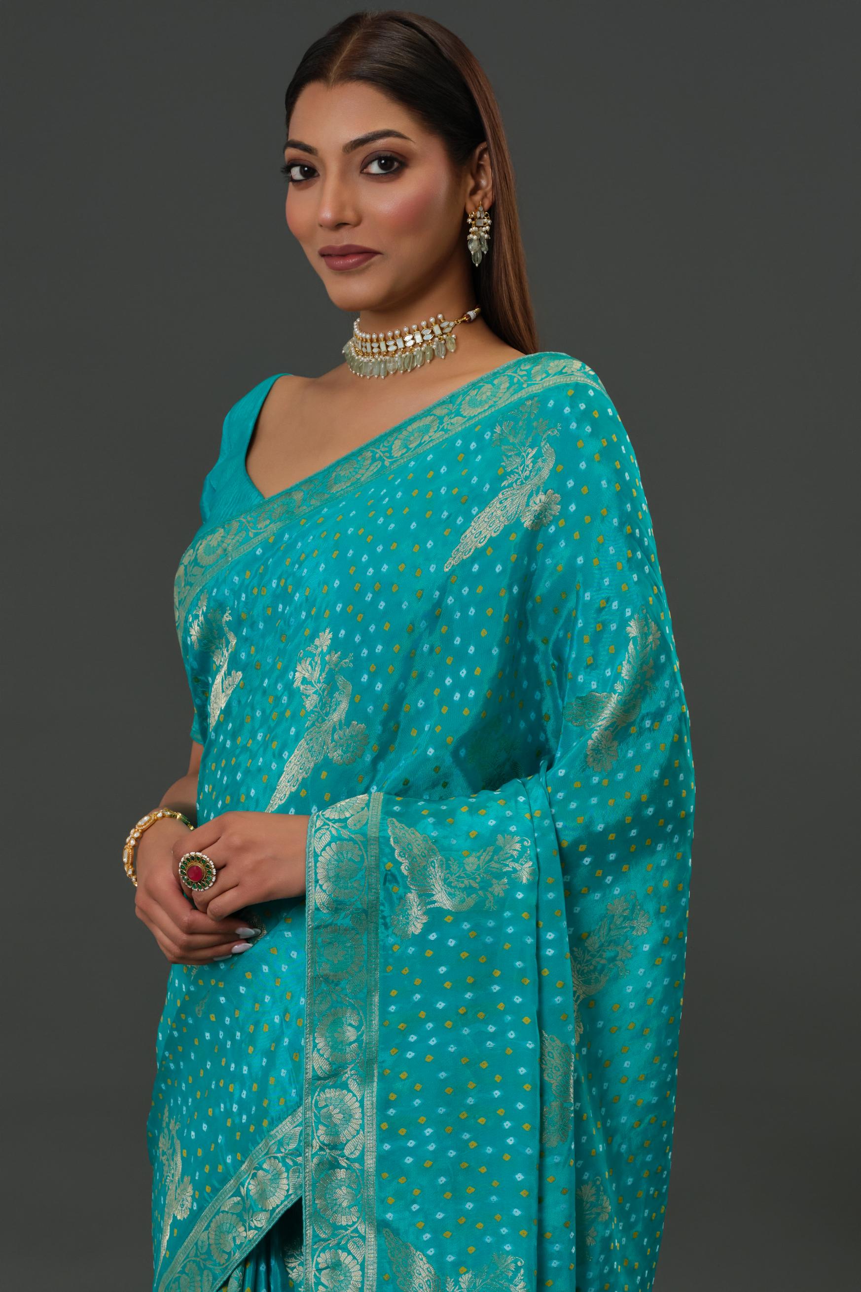Teal Bandhani Printed Dola Silk Saree