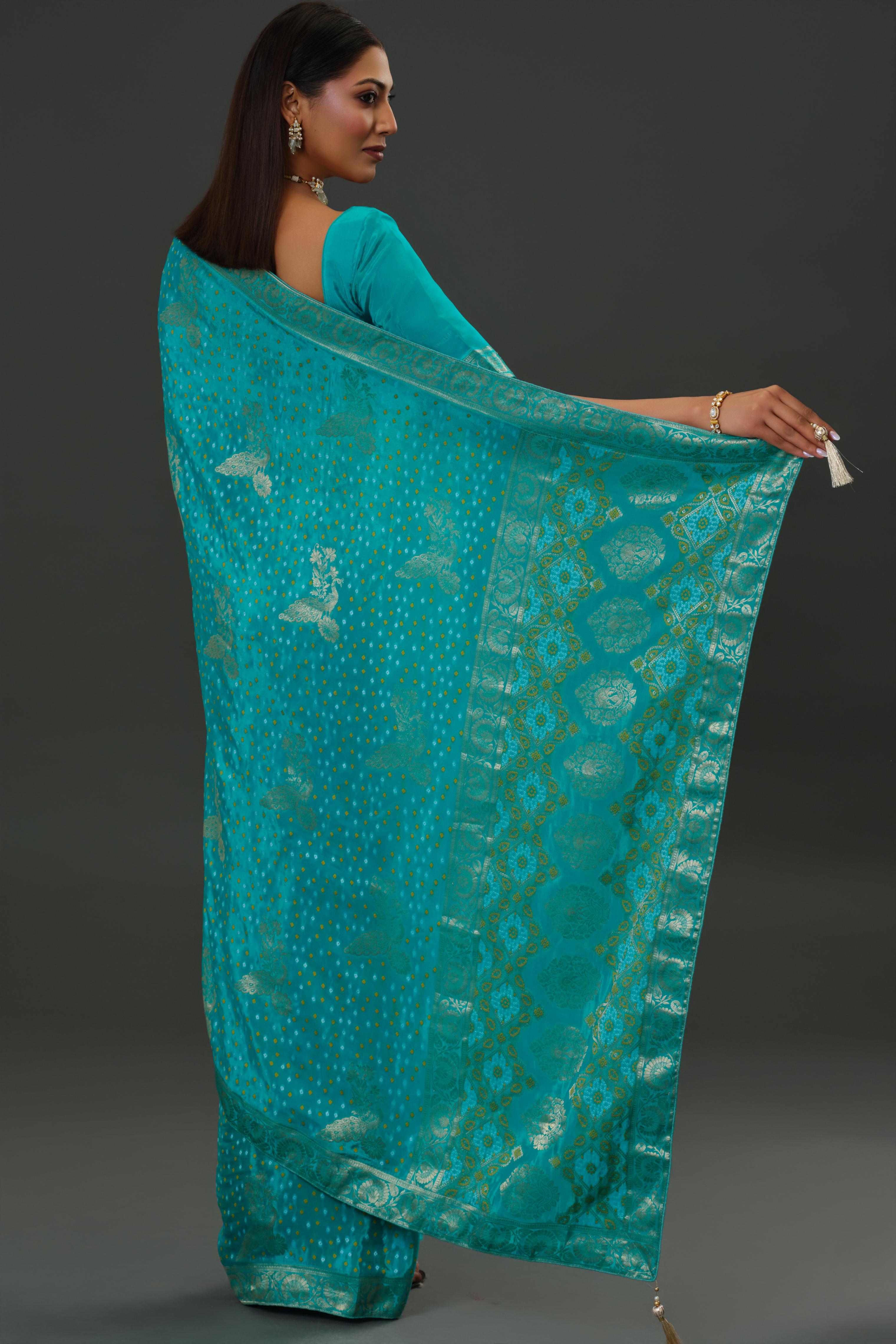 Teal Bandhani Printed Dola Silk Saree