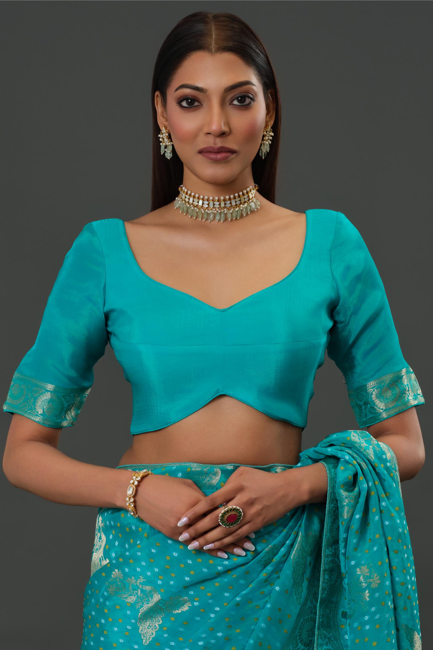 Teal Bandhani Printed Dola Silk Saree