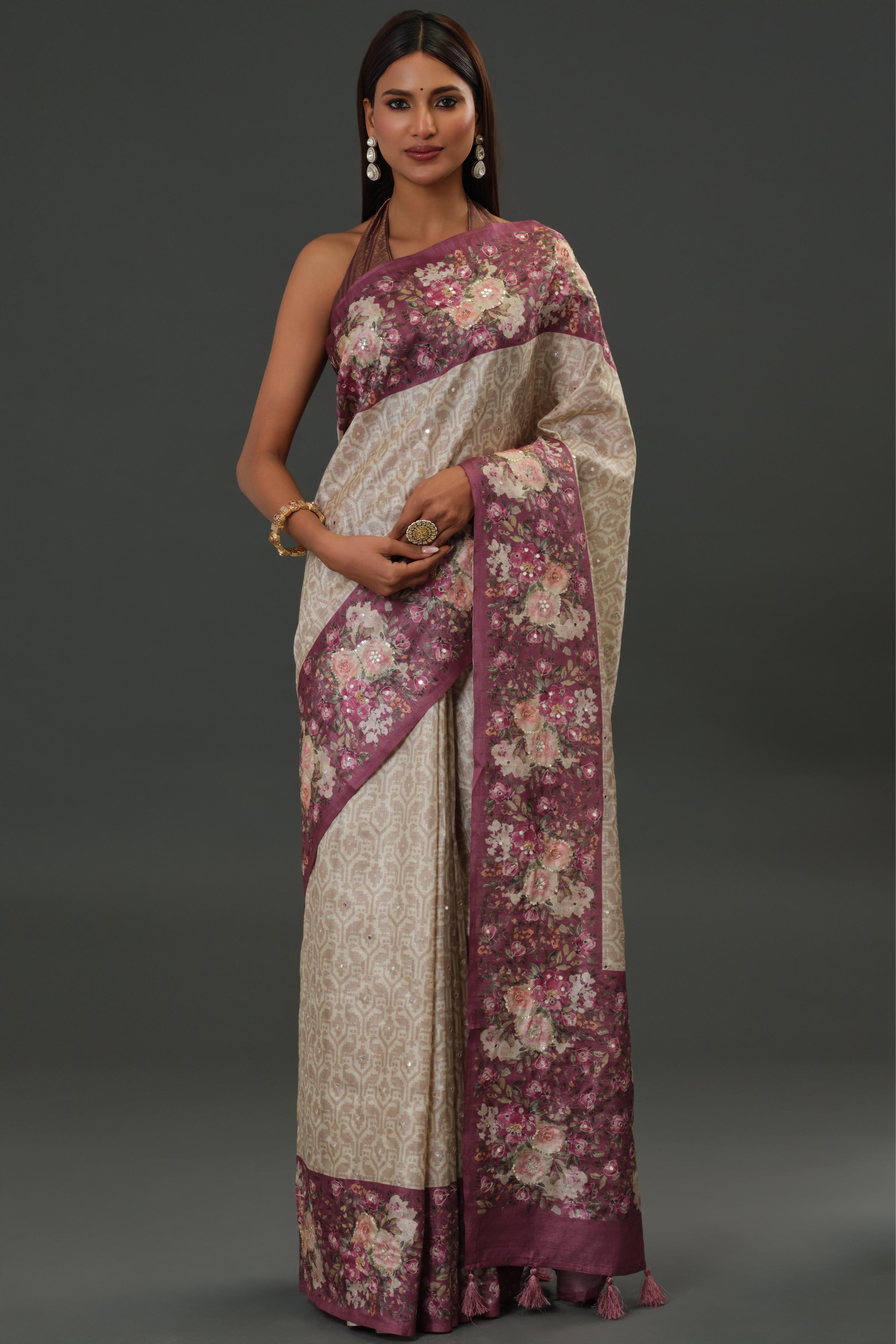 Champagne Floral Border Tussar Silk Saree
