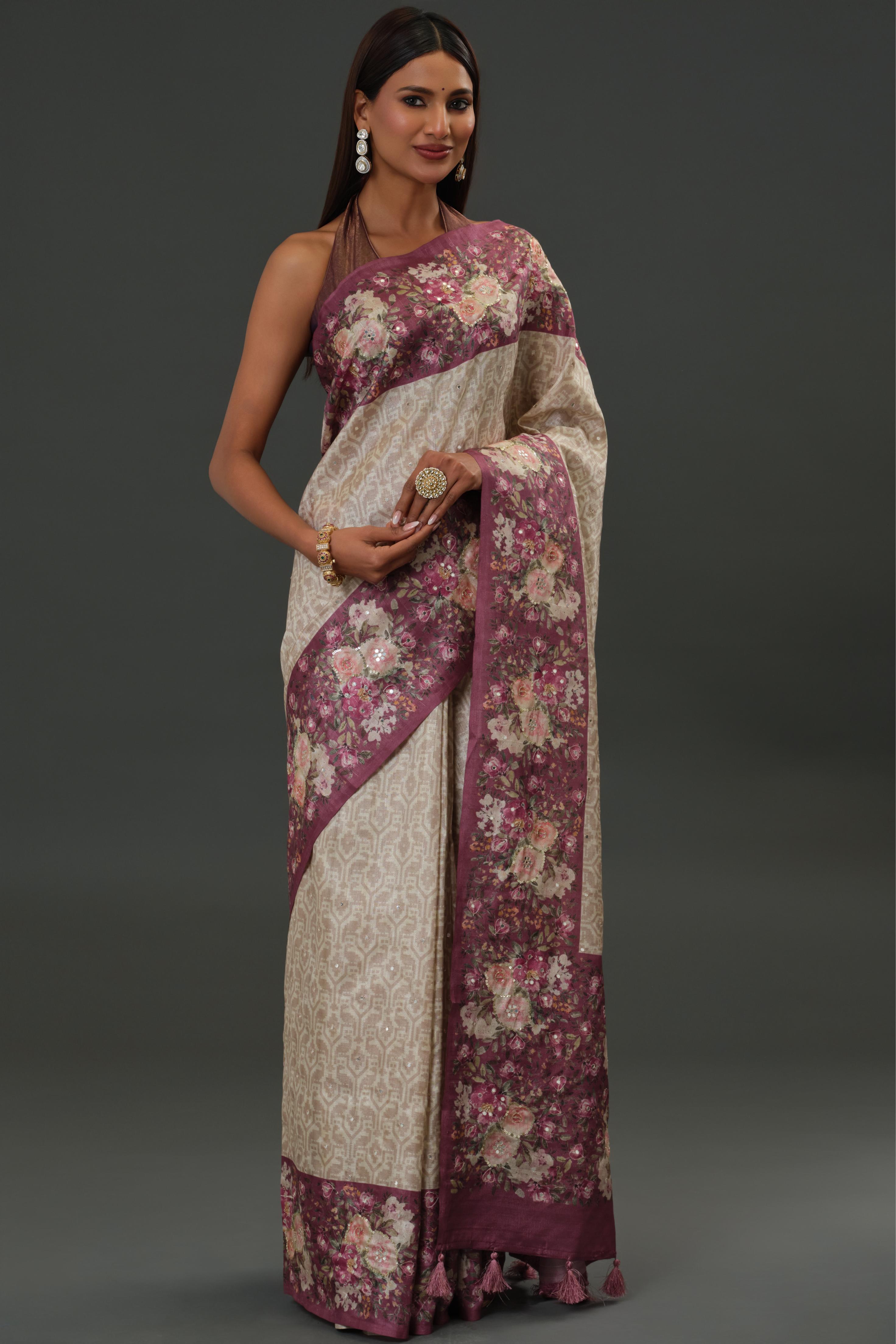 Champagne Floral Border Tussar Silk Saree