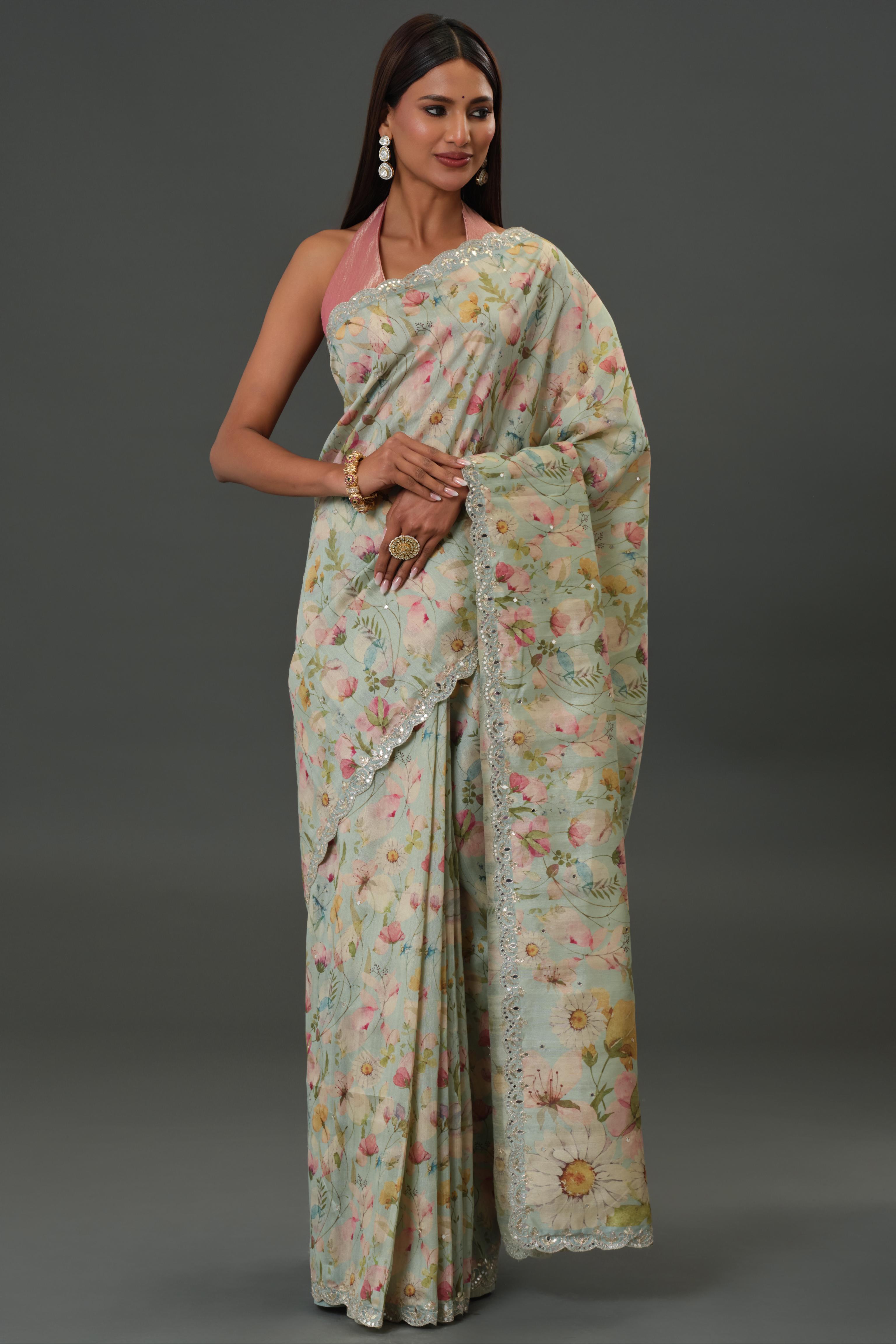 Blue Mist Floral Printed Tussar Silk Saree