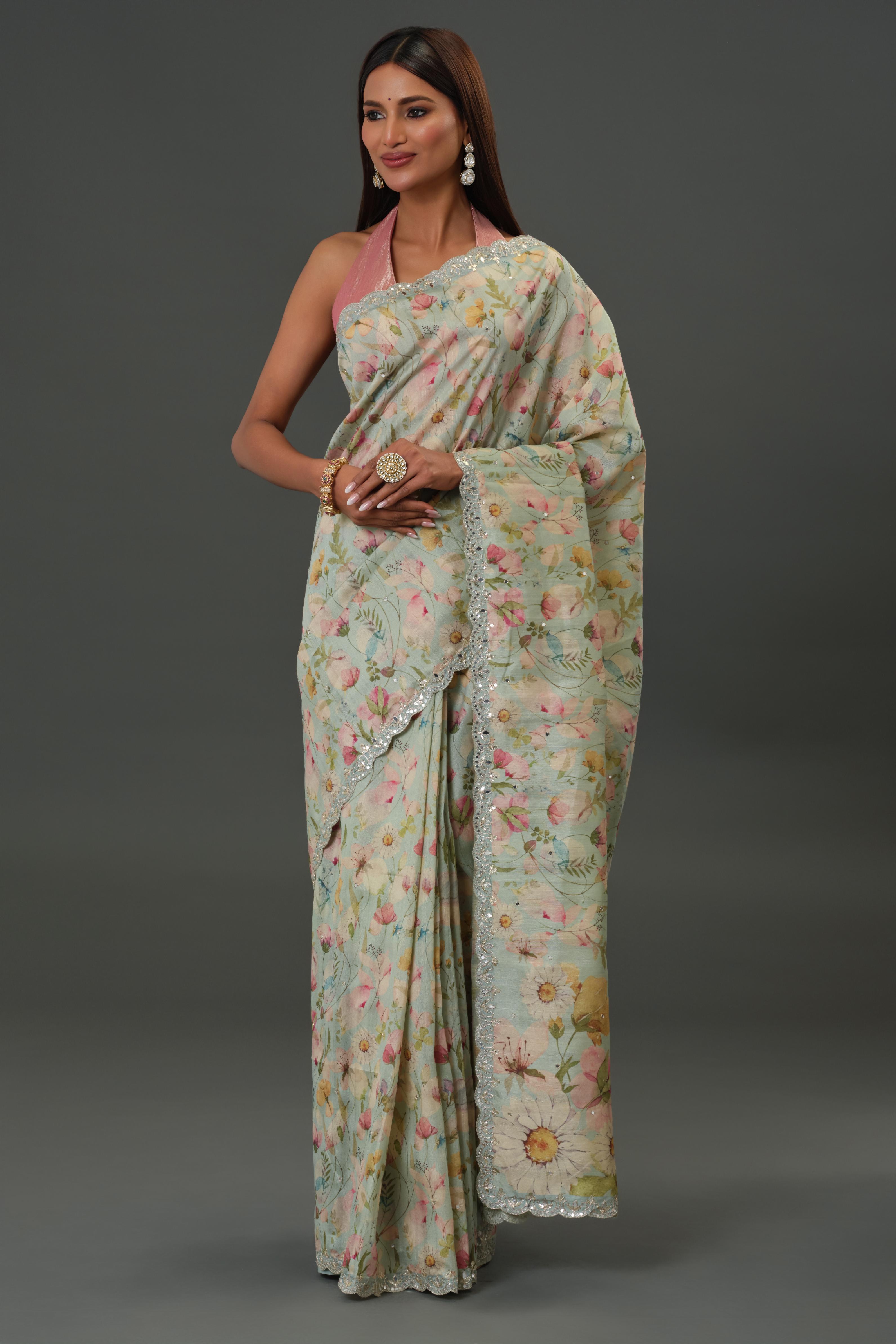 Blue Mist Floral Printed Tussar Silk Saree