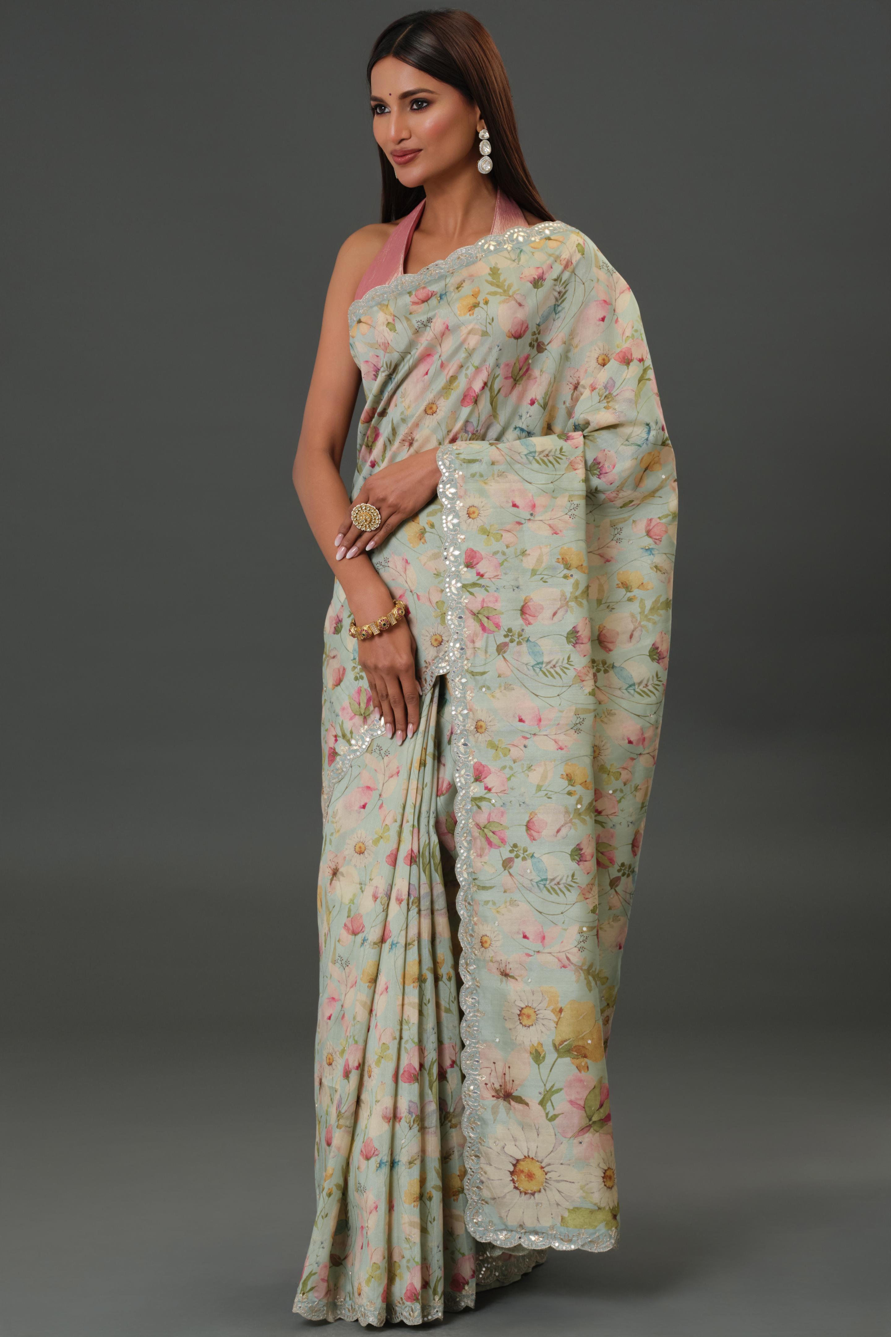 Blue Mist Floral Printed Tussar Silk Saree