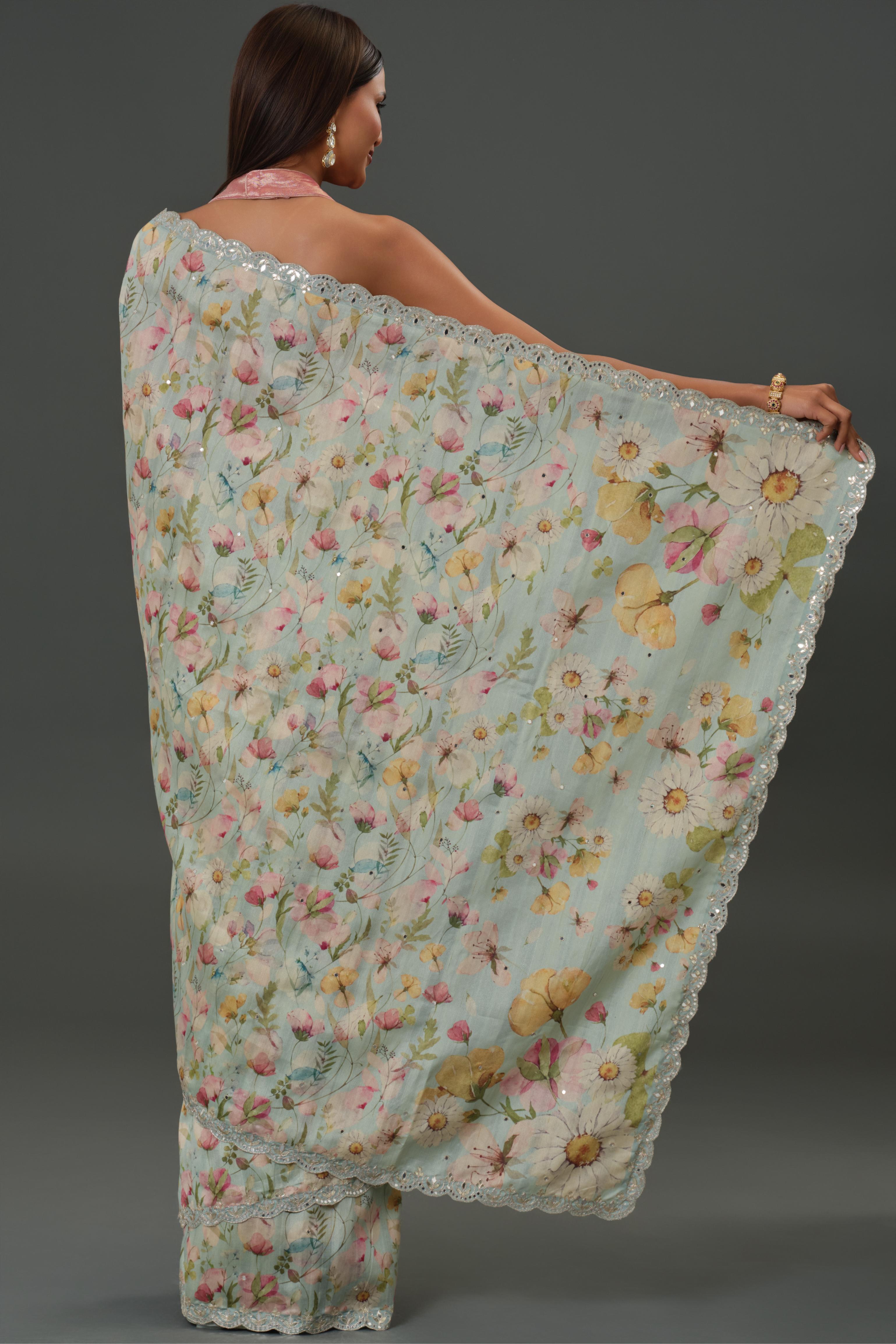 Blue Mist Floral Printed Tussar Silk Saree