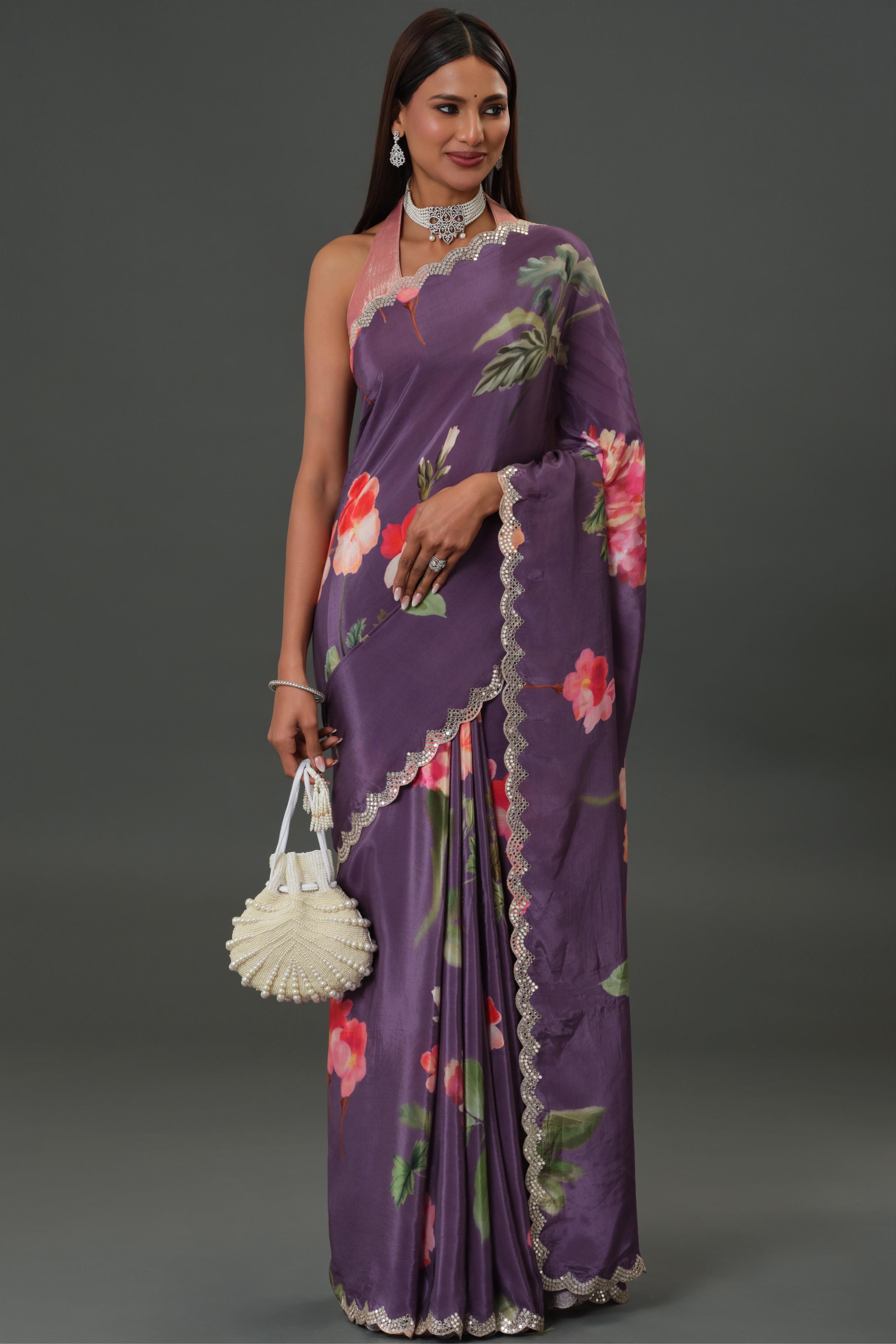 Purple Floral Printed Crepe Silk Saree