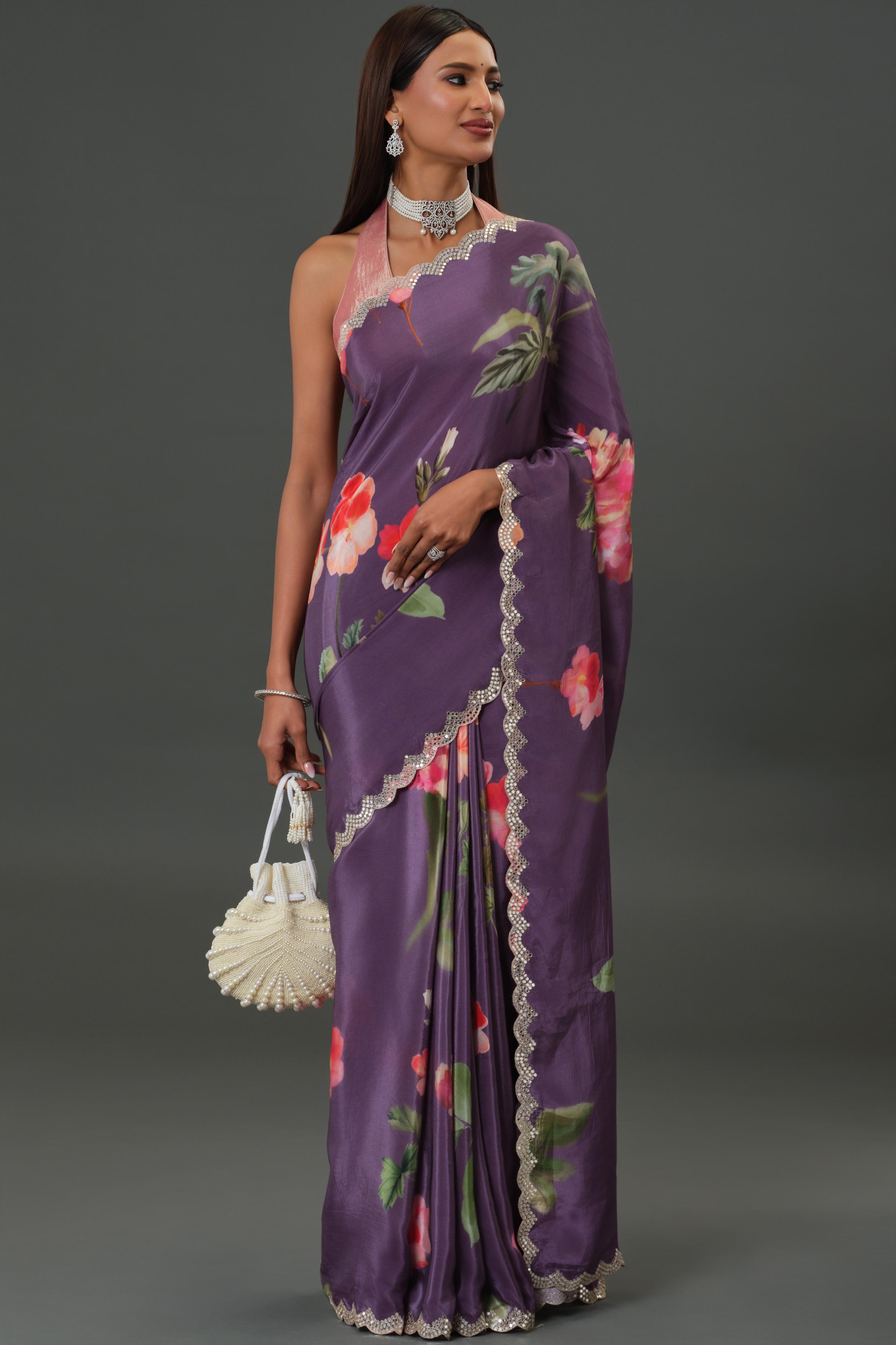 Purple Floral Printed Crepe Silk Saree
