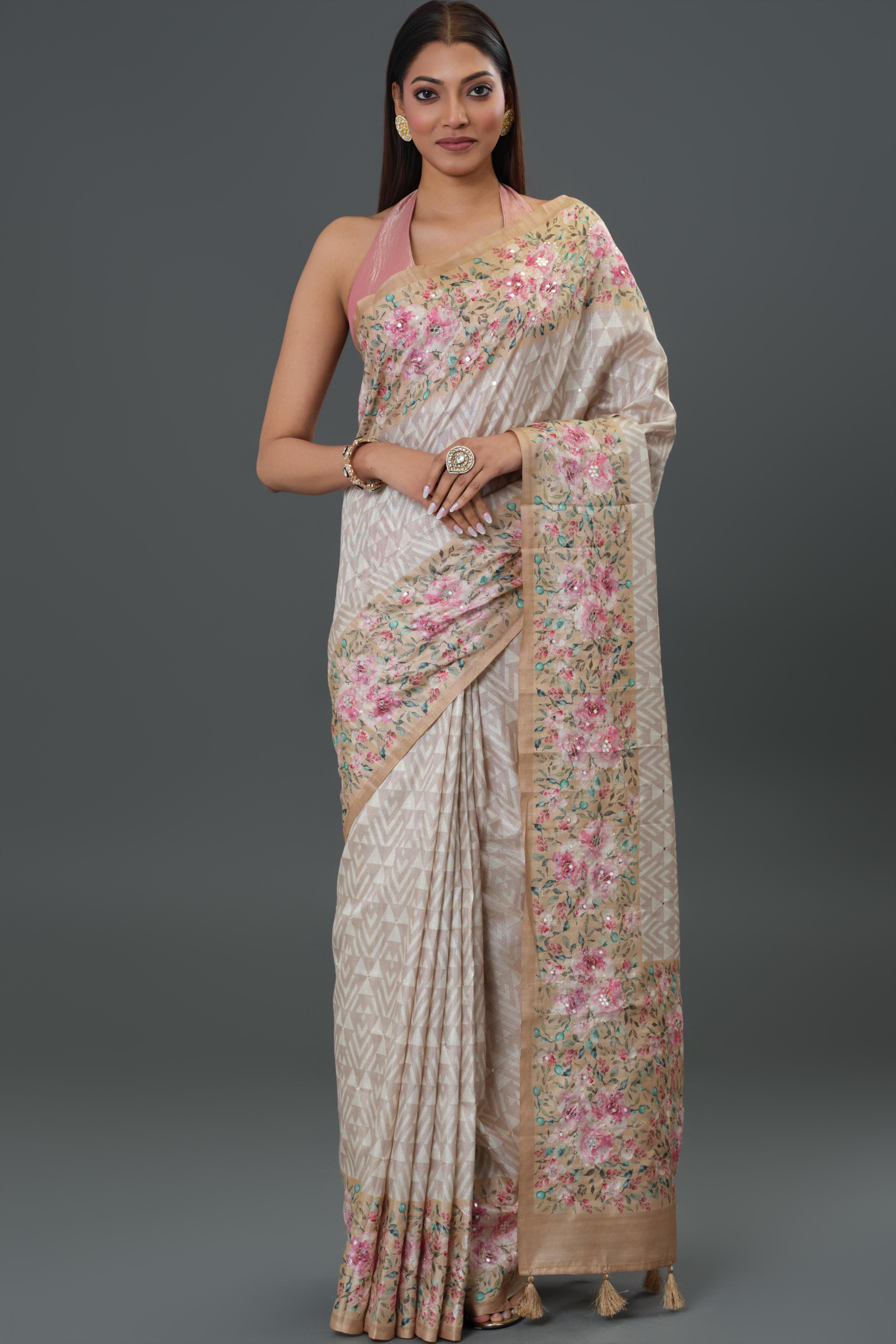 Ivory Floral Printed Tussar Silk Saree