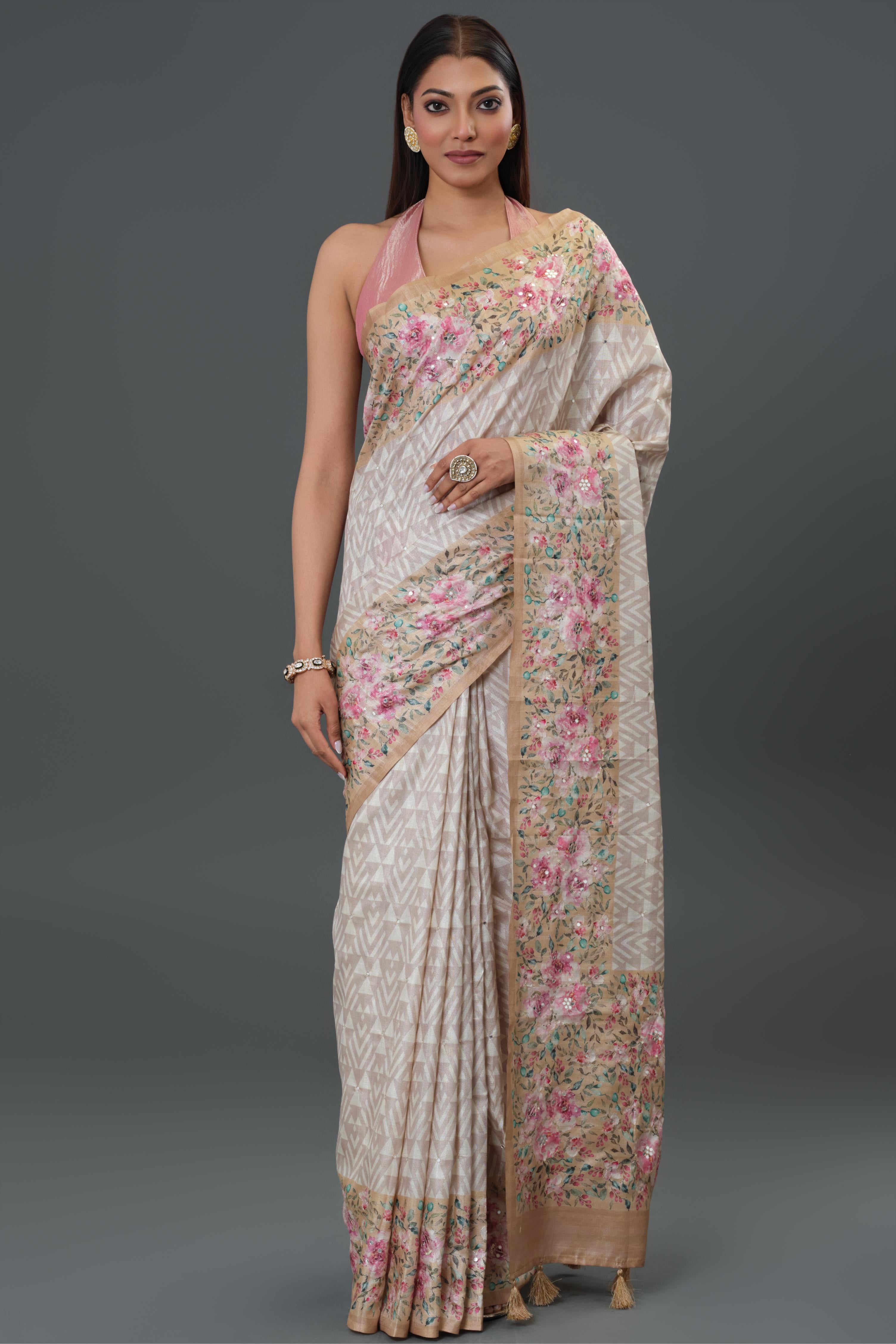 Ivory Floral Printed Tussar Silk Saree
