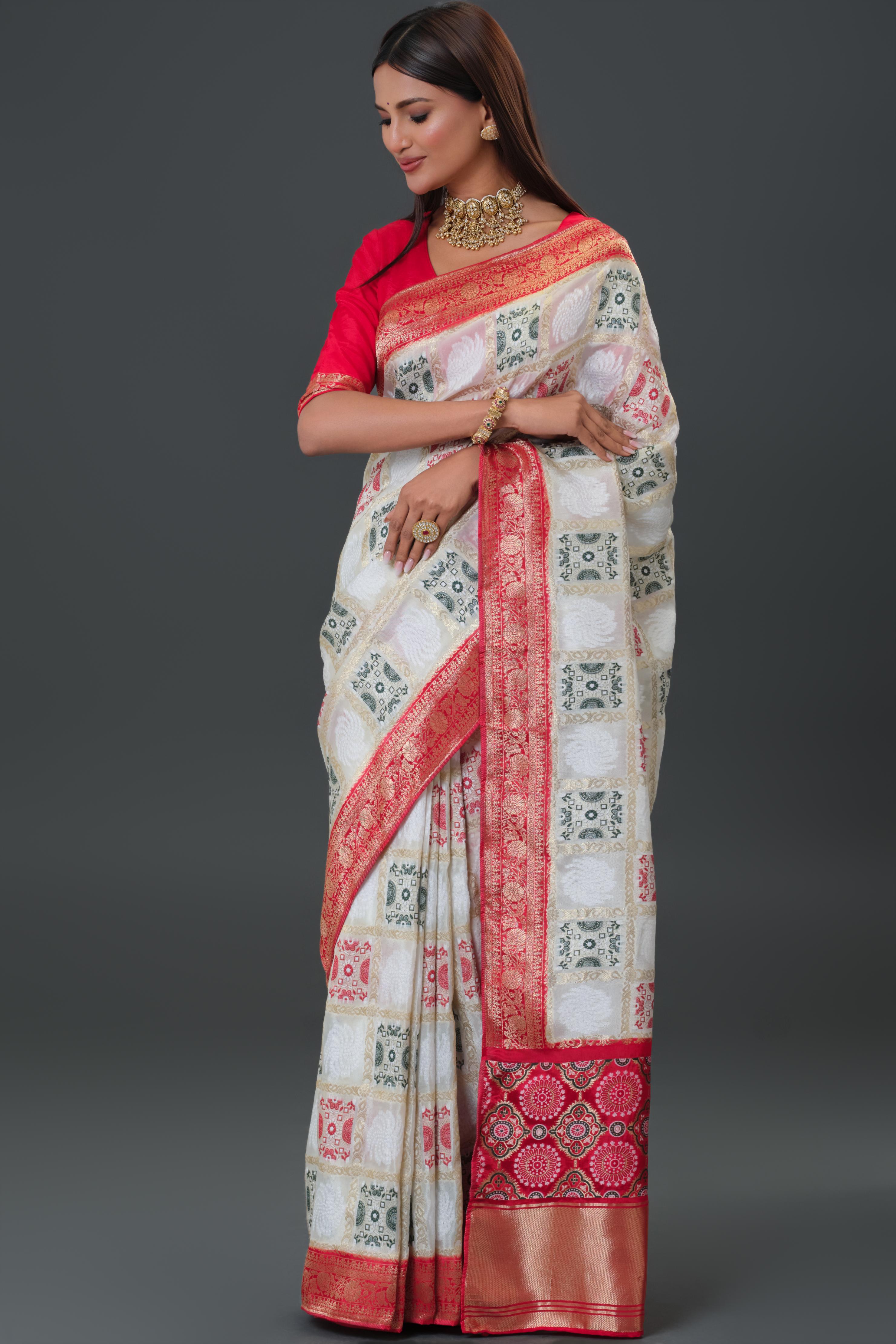 White Woven Cosmo Silk Saree