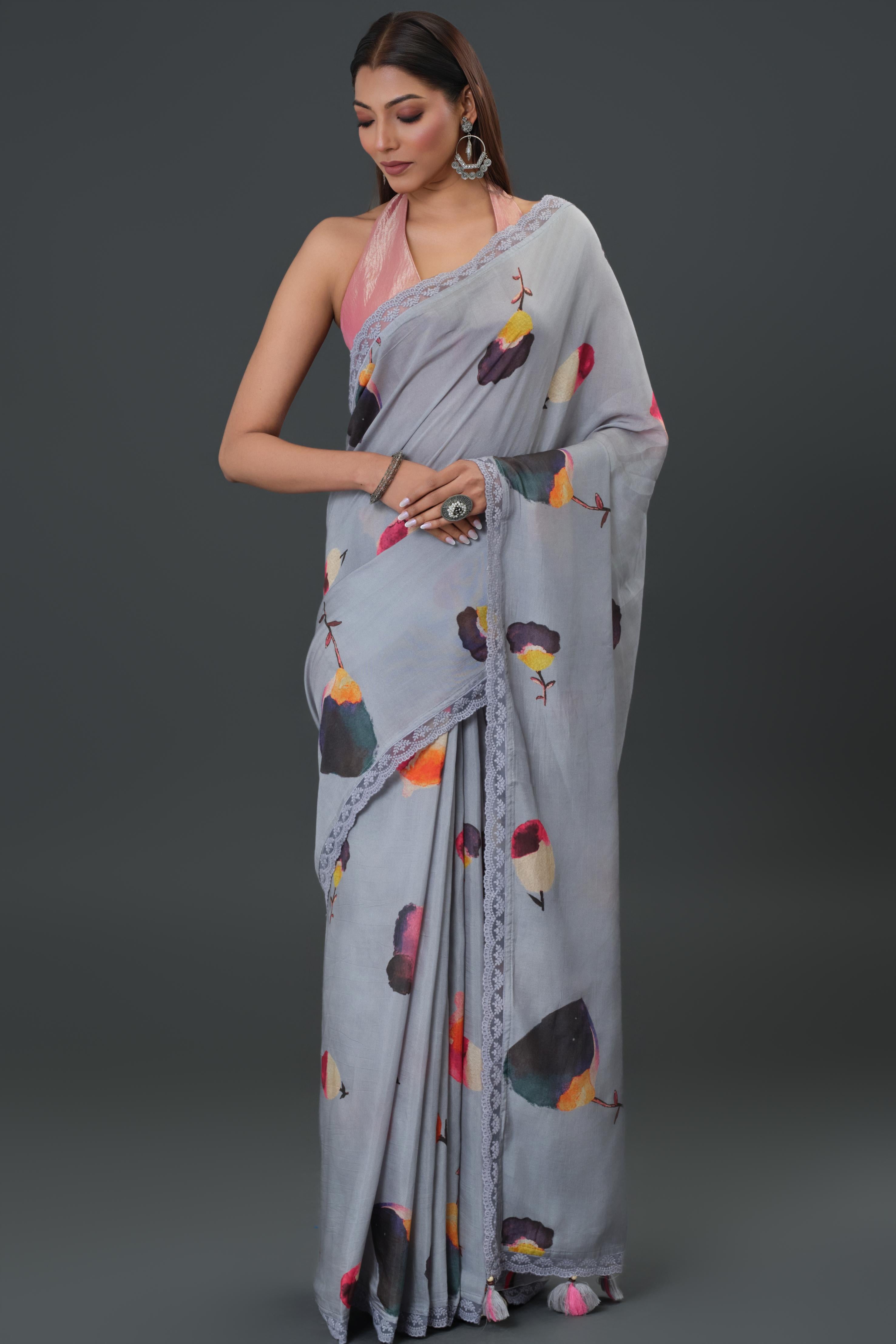 Greyish Floral Printed Muslin Silk Saree